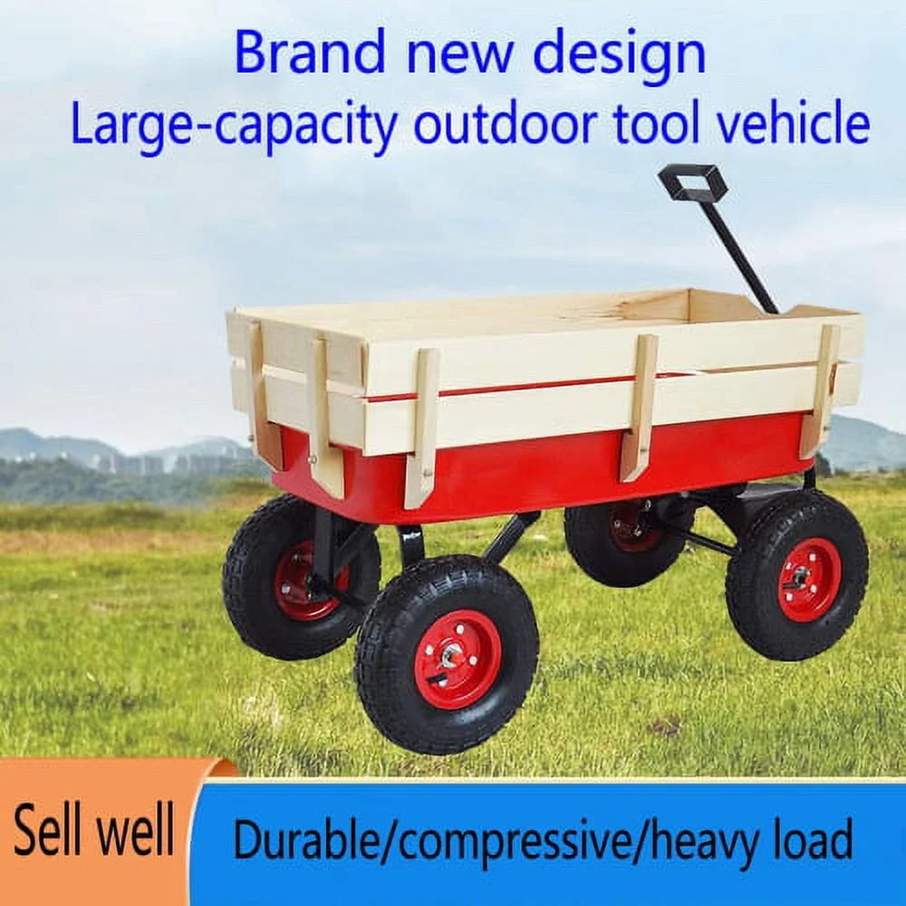Clearance! Outdoor Sport Red Wagon All-Terrain Pulling W/Removable Wooden Side Panels Air Tires Big Foot Panel Wagon 330 lb. Weight Capacity Sturdy All Steel Wagon Bed Kids' Pull - Along Wagons (Red)