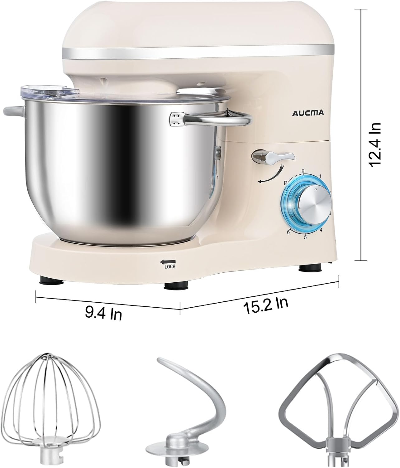 Aucma Stand Mixer, 6.5-QT 660W 6-Speed Tilt-Head Food Mixer, Kitchen Electric Mixer with Dough Hook, Wire Whip & Beater (Almond Cream, 6.5QT)
