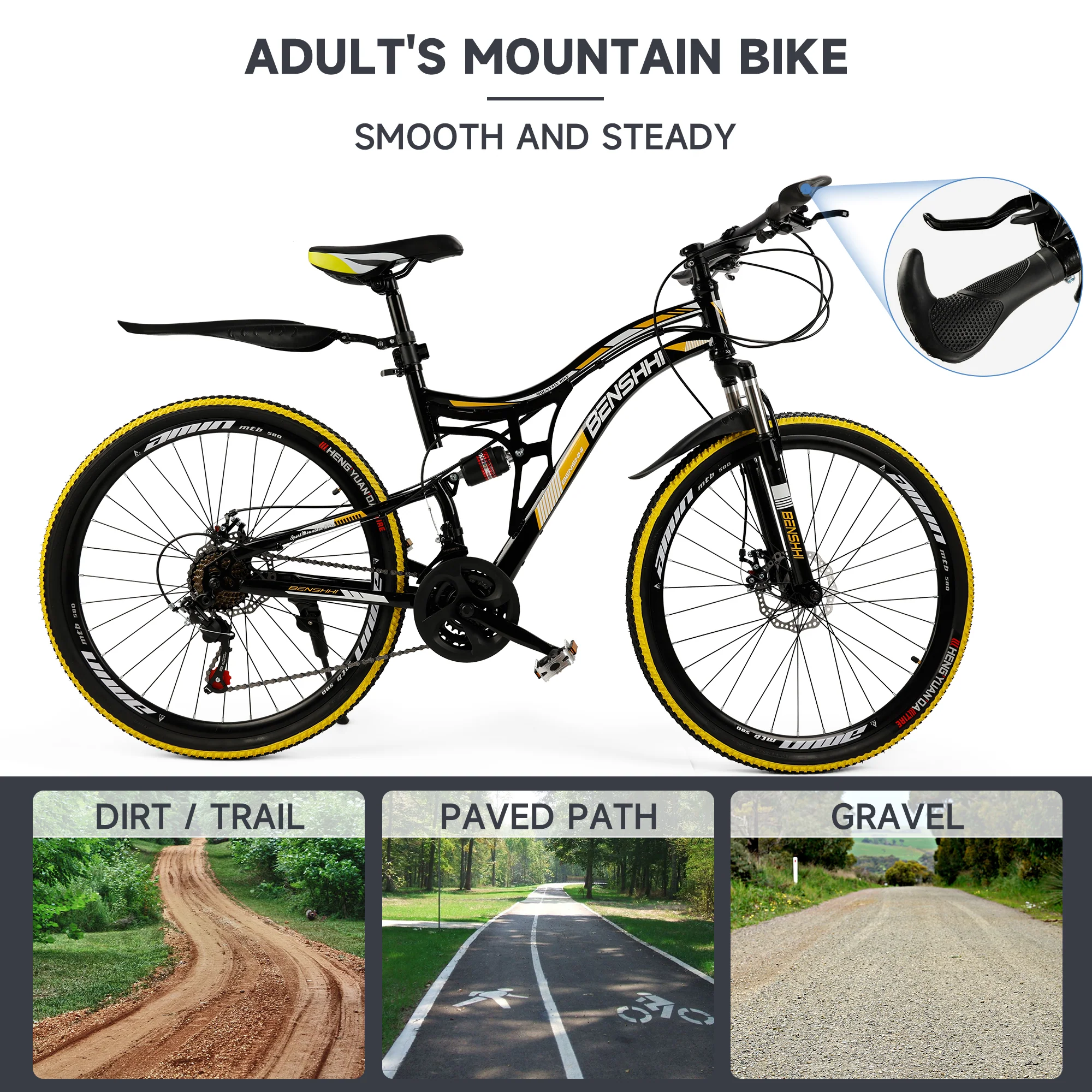 ARTUDATECH Full Suspension Mens Mountain Bike, Shimano 21 Speed, 26 Inch Wheel, Dual Disc Brake Bike for Men Womens Teen Adult Bicycle Thumb Shifter With Bike Lock And Air Pump