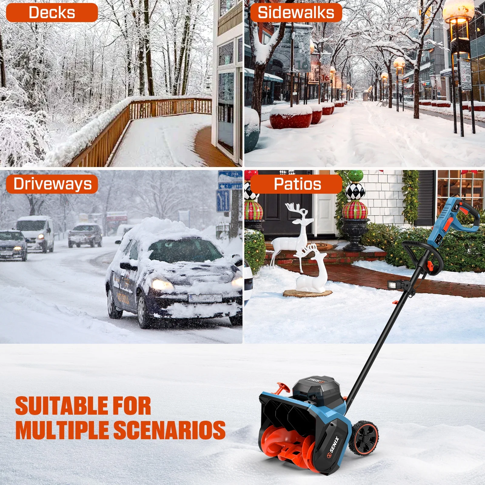 Brushless 60V 15-inch Cordless Snow Shovel with 6.0Ah Battery w/ Rear Wheels, 33ft Throw 600 lbs, 2-Speed Variable, Detachable LED Light, Telescopic Handle, Include 3A Charger, STX6-M(15") - Image 6