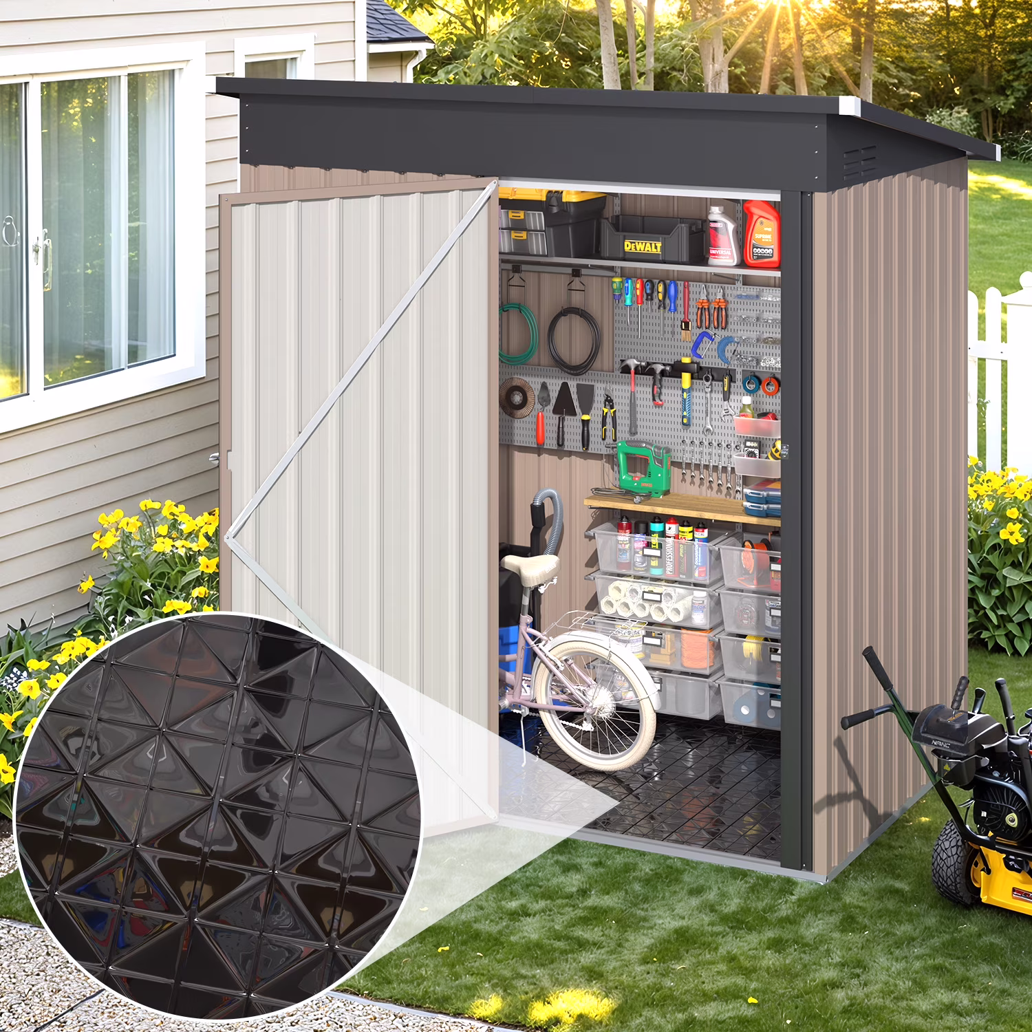 YODOLLA 5 x 3 ft. Outdoor Metal Steel Storage Shed with Floor Base&  Lockable Door for Backyard, Garden