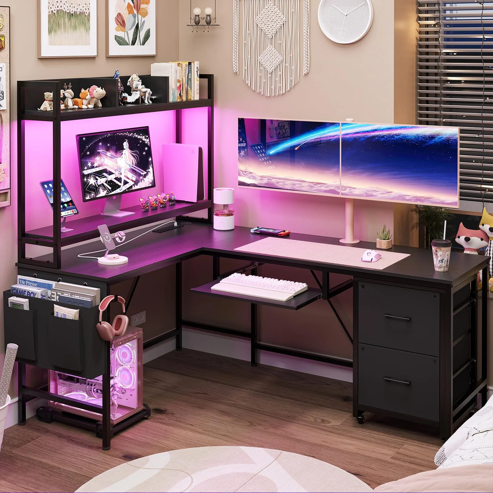 L Shaped Computer Desk with Power Outlet and LED Strip, Reversible Corner Gaming Desk with 2 Drawer and Keyboard Tray, Black - Image 2