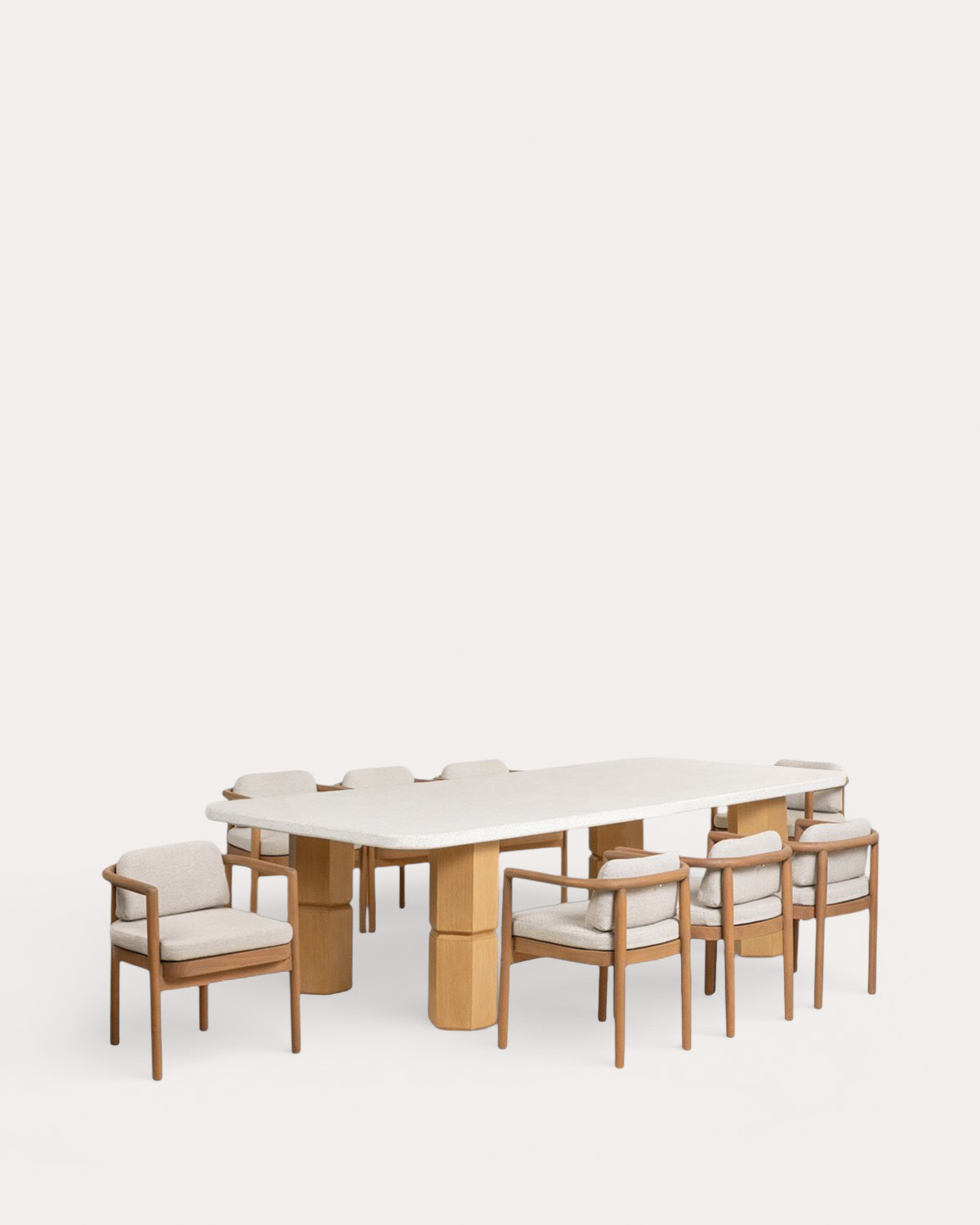 Set Ixiar - Elnes - Set de Mesa Rectangular de Terrazo Ixiar (270x120 cm) y 8 Sillas con Reposabrazos de Madera Elnes de Exterior