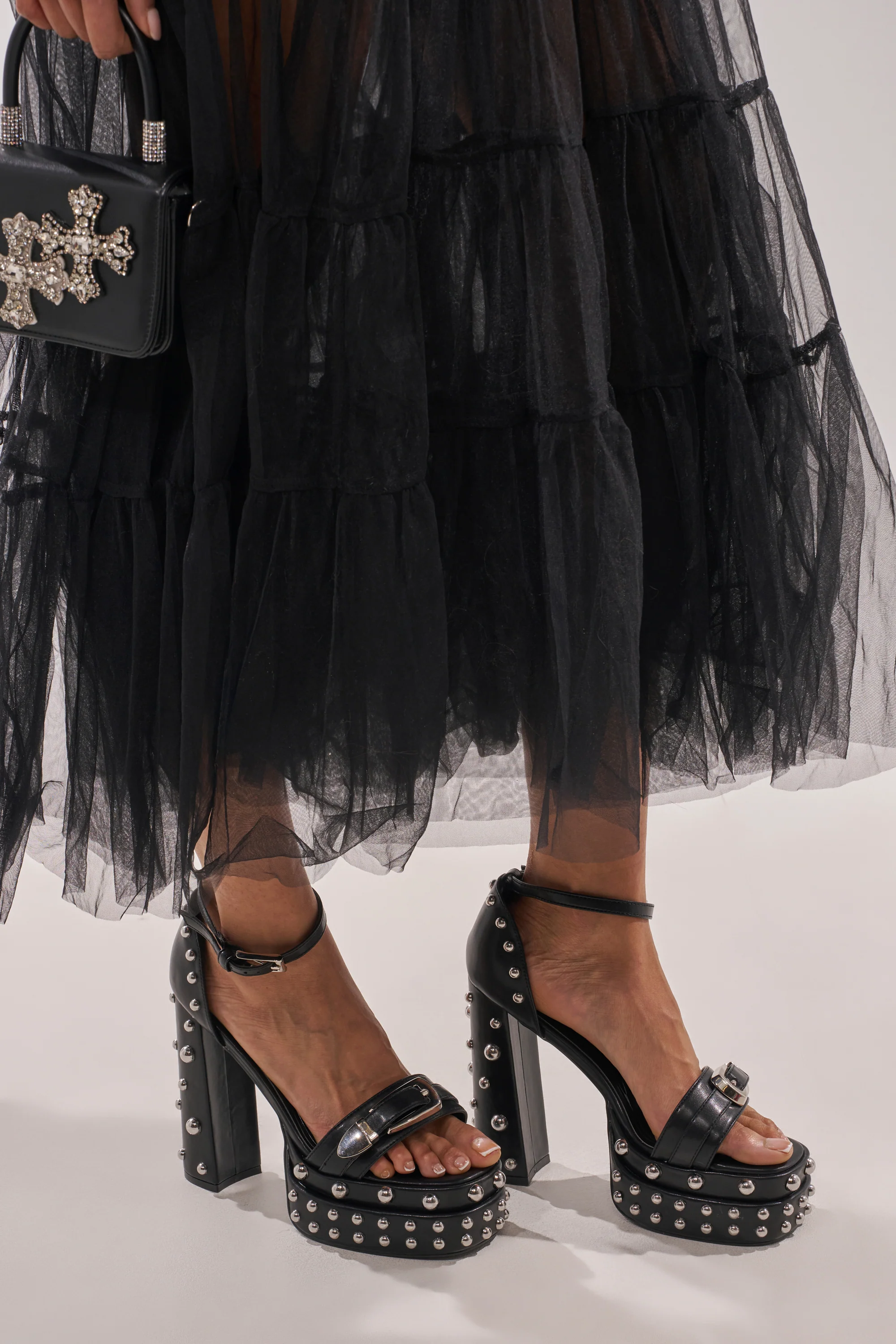 AZALEA WANG EUGENIJA BLACK CHUNKY EMBELLISHED STUDDED SANDAL - Akira Store