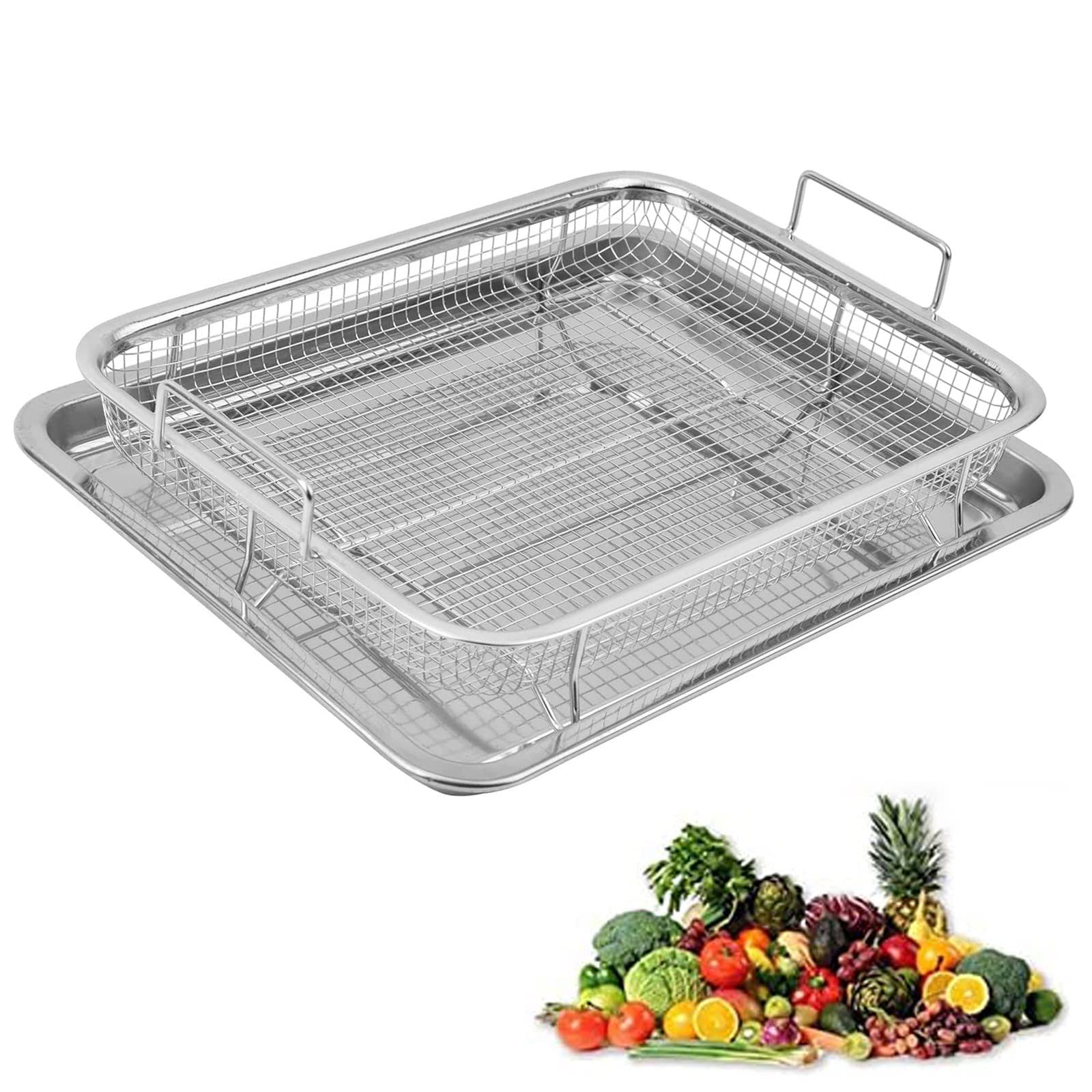 AGSYFFD 2 Pieces Air Fryer Basket for Oven 12.8x9.6inch,tray and Grease Trap Set Bacon Rack for Oven Crisper for French fried/frozen Food (Silver)
