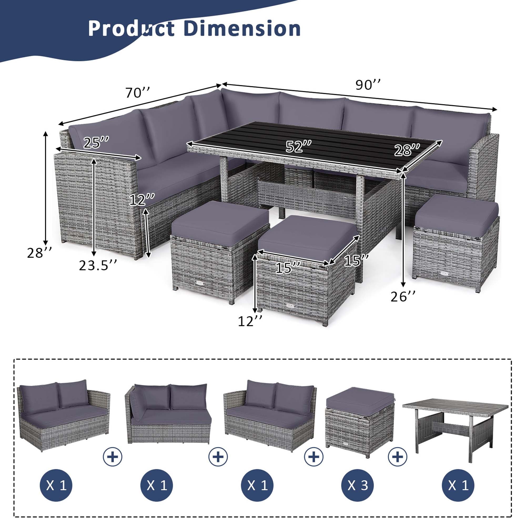Costway 7 PCS Patio Rattan Dining Set Sectional Sofa Couch Ottoman Garden Red