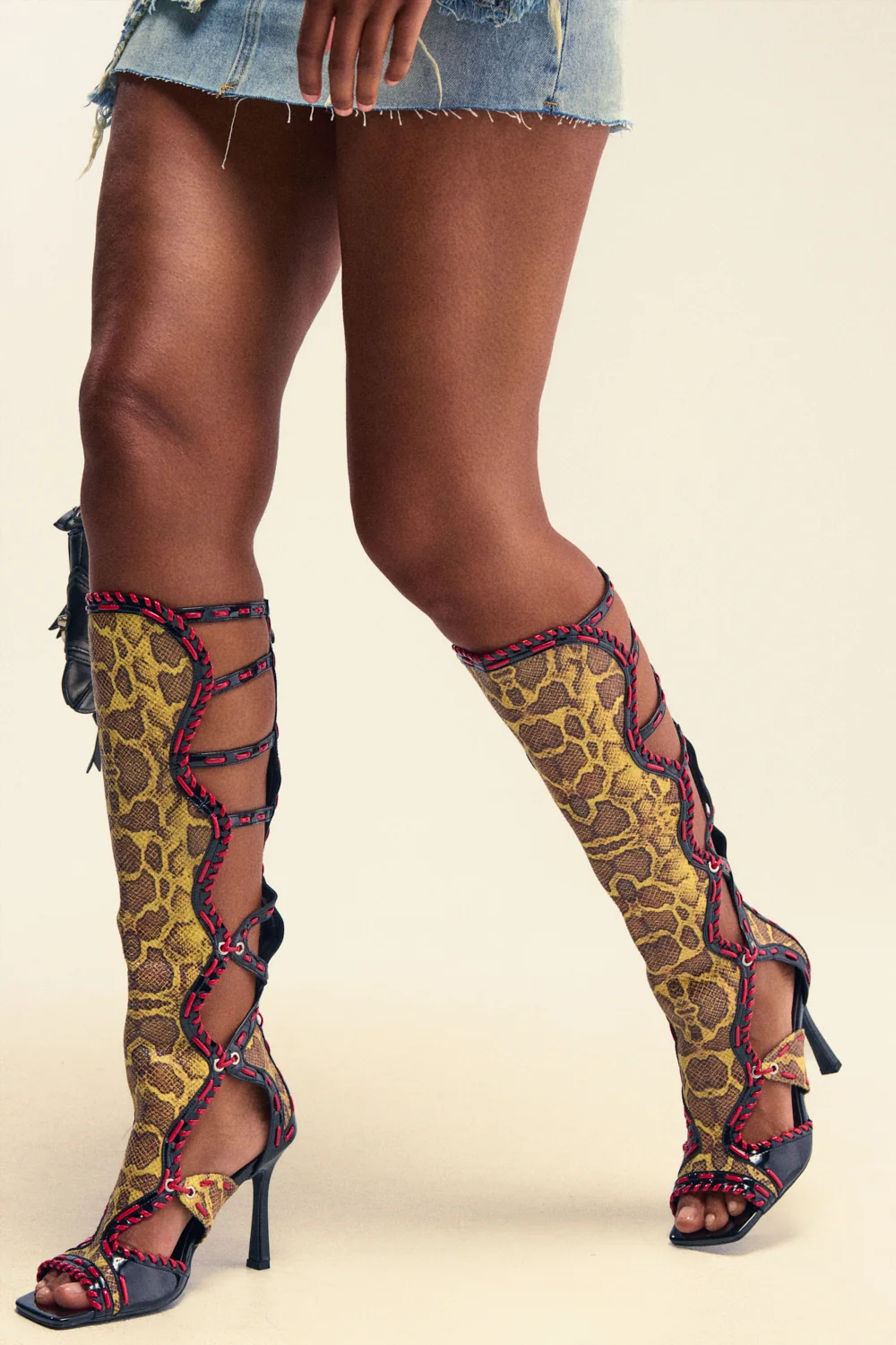 AZALEA WANG INDRANI HIGH SHAFT YELLOW SNAKE PRINT GLADIATOR SANDAL - Akira Store