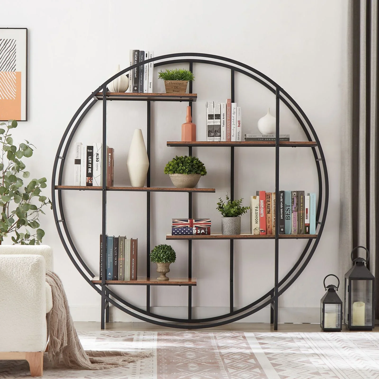 GymChoice Round Bookcase, Industrial Bookshelf Multi-Functional Plant Display Stand with 5 Shelving Units, Circle Retro Display Shelf for Living Room Terrace Garden Balcony, Rustic Brown