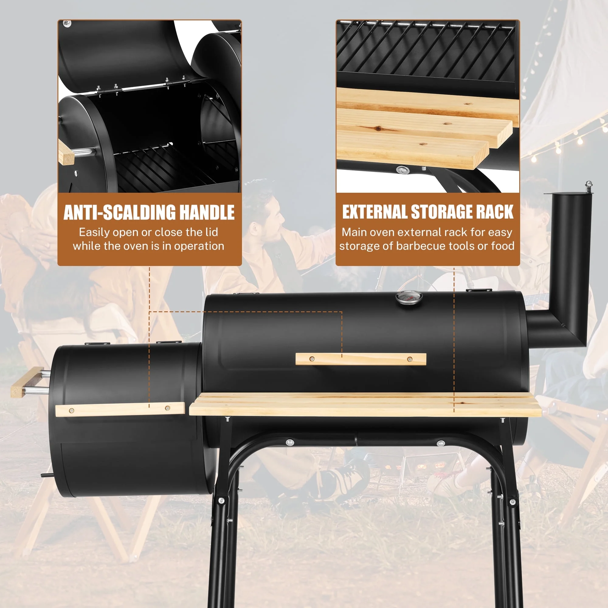 44" Portable Charcoal Grill, with Offset Smoker, Wood Shelf, Thermometer, Wheels, Charcoal BBQ Grill for Outdoor Picnic, Patio, Backyard, Camping, JA1170(Black 01) - Image 7