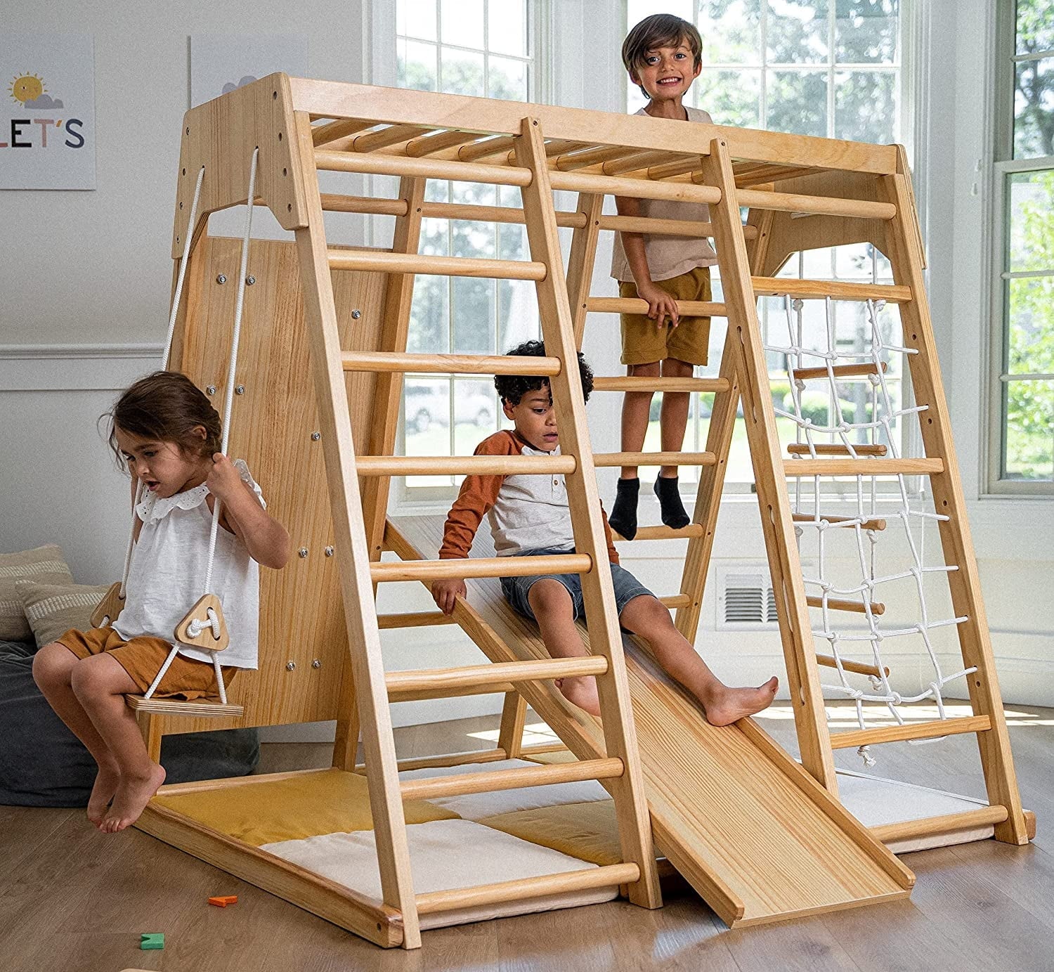 Avenlur Indoor Toddler and Child Indoor Gym Playground Climber Real Wooden Playset 6 in 1 Slide, Rock Climb Wall, Rope Wall Climbing, Monkey Bars, Swing, Ladder Fun Gym for Children Image 5
