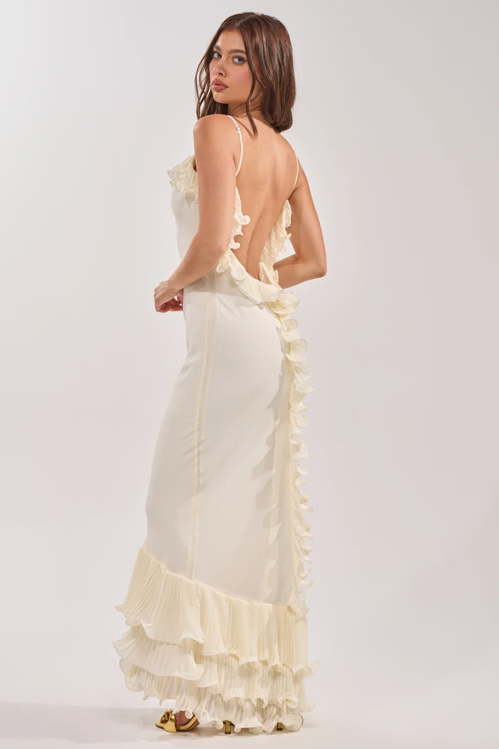 LOVE ME OR LOSE ME RUFFLE MAXI DRESS IN IVORY - Akira Store