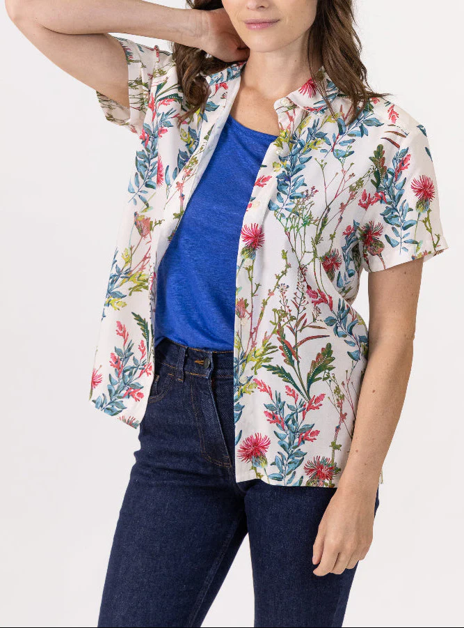 Chemisier femme en viscose imprimé herbier bleu