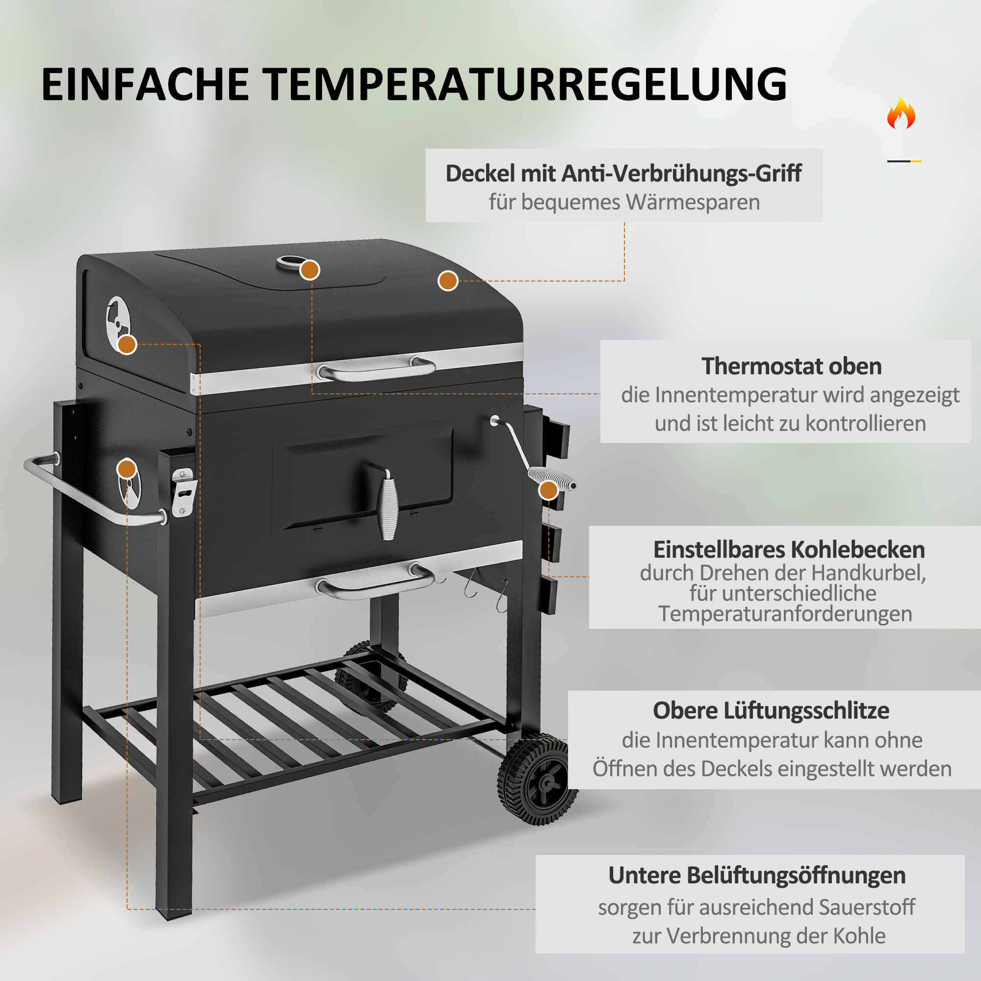 Outsunny Houtskoolbarbecue Smoker BBQ-Smoker, 1 Opbergruimte, 1 Handdoekhouder, 2 Grillroosters, 113 cm x 65 cm x 108 cm, Zwart