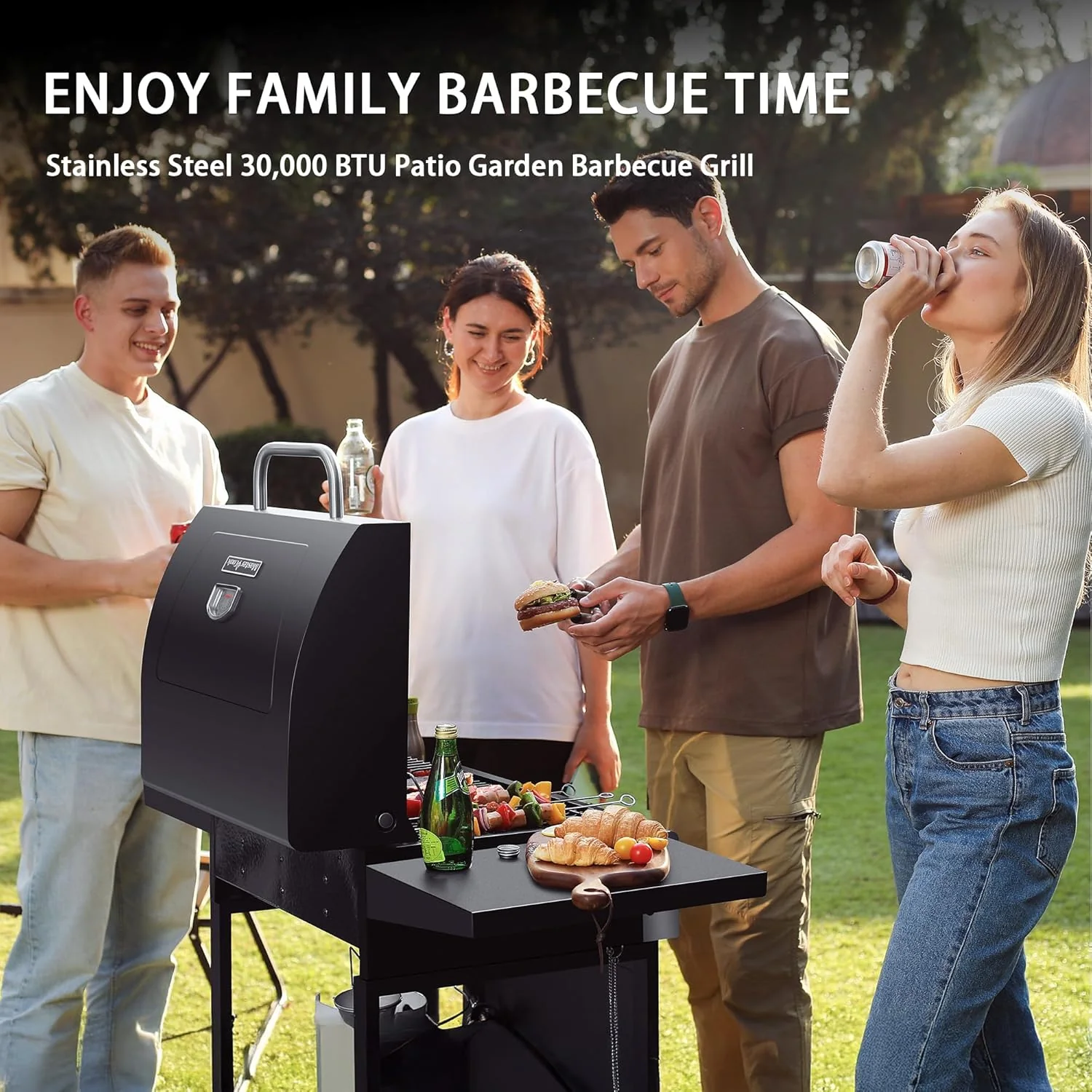 Barbecue à gaz propane à 3 brûleurs, en acier inoxydable, 30 000 BTU, pour terrasse ou jardin, avec deux étagères pliables.