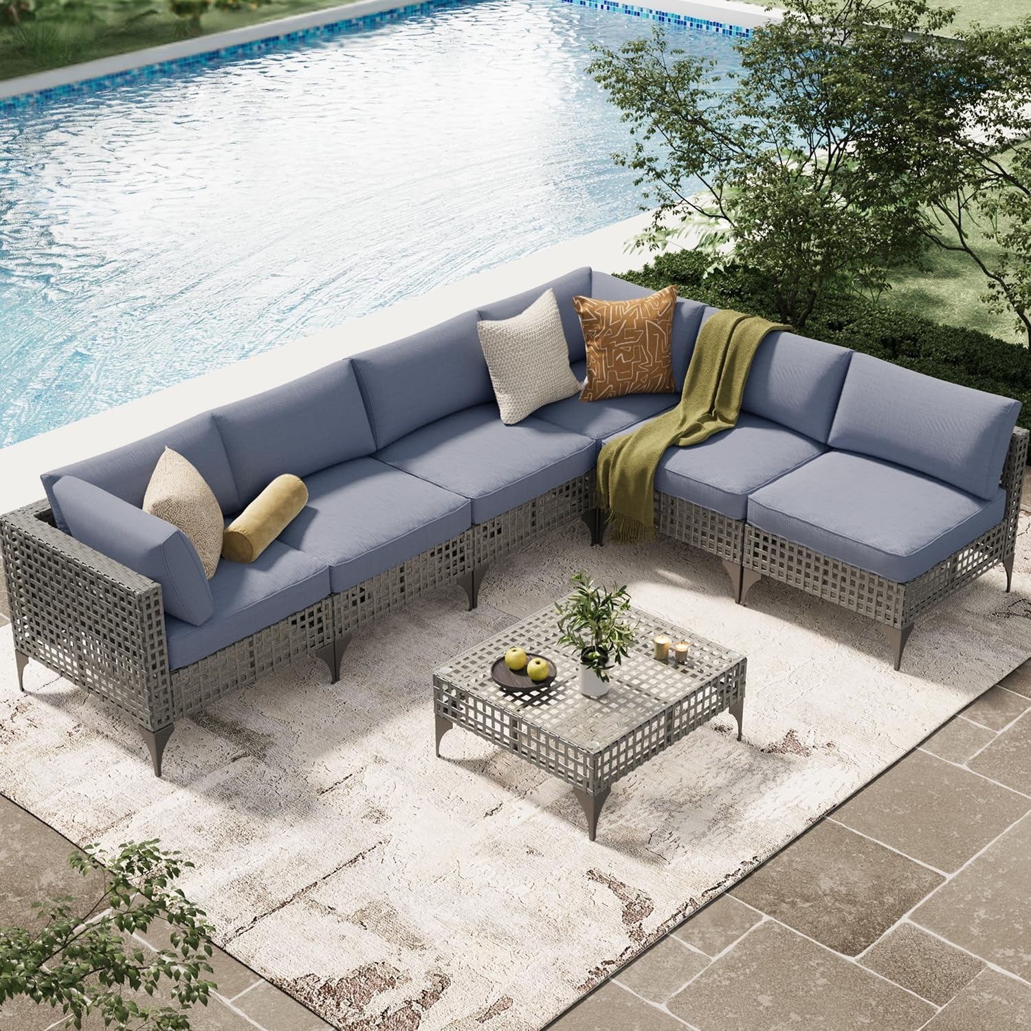 AECOJOY 7-Piece Patio Outdoor Furniture Set, Boho Outdoor Sectional Set, Grey&Blue