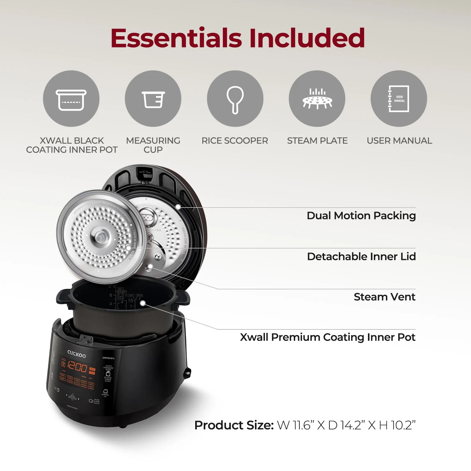 CRP-P0609S 6-Cup (Uncooked) / 12-Cup (Cooked) High Pressure Rice Cooker Warmer with Nonstick Inner Pot, 12 Menu Options, Fuzzy Logic Tech, 3 Voice Guide, Auto Clean (Black/Copper)(10.10" x 11.60" x 14.20") - Image 8