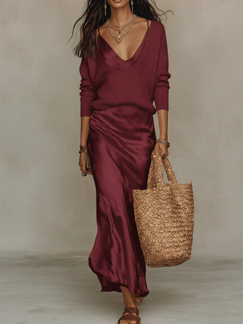 Éléna | Robe midi satinée avec pull inclus