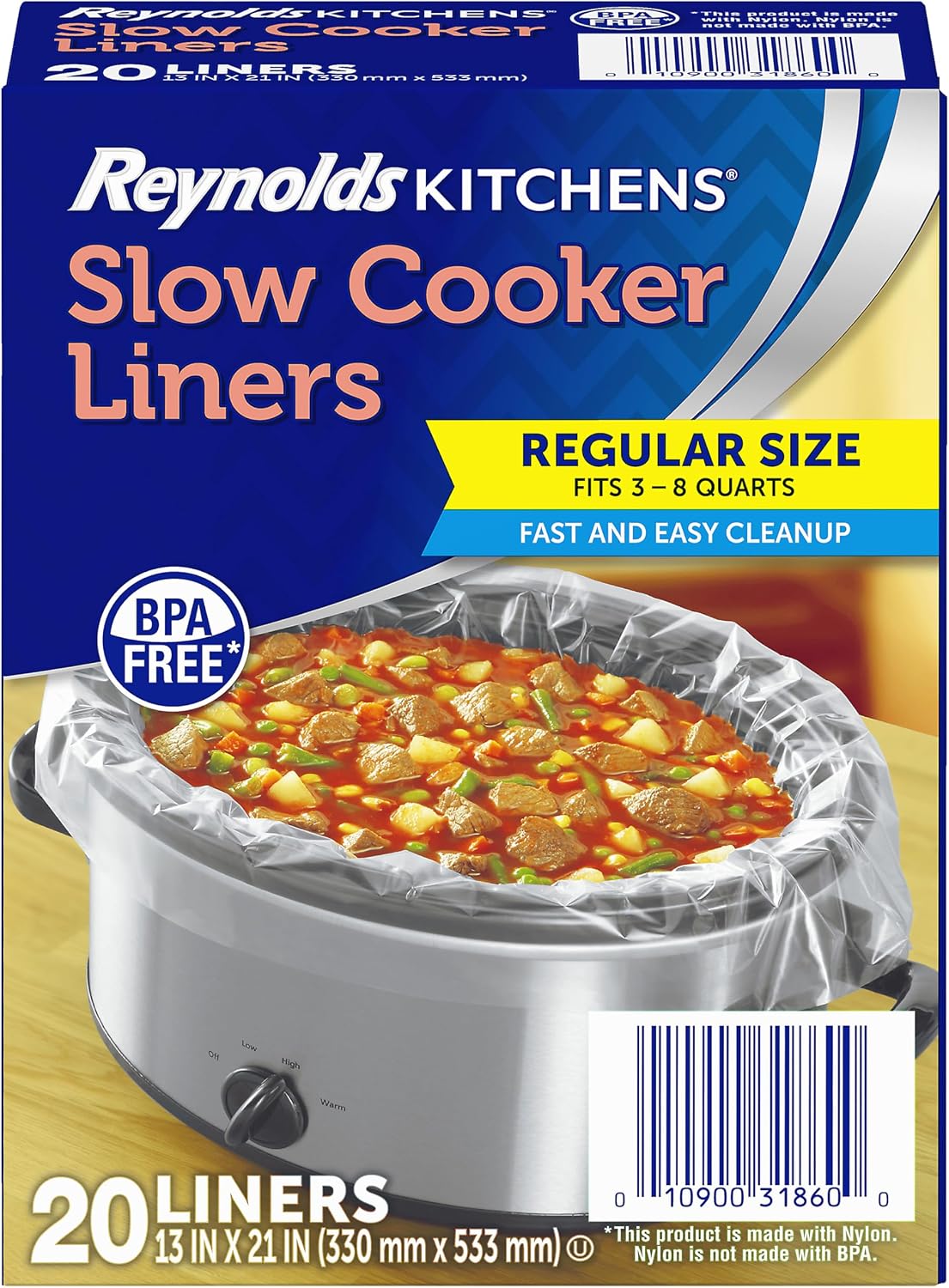 Reynolds Kitchens Slow Cooker Liners, Regular Size, Fits 3-8 Quarts, 20ct| Fits 3-8 Qt Round and Oval Slow Cookers, No-Scrub Cleanup, Food-Safe Nylon Blend Material, Heat-Resistant To 400F, BPA-Free
