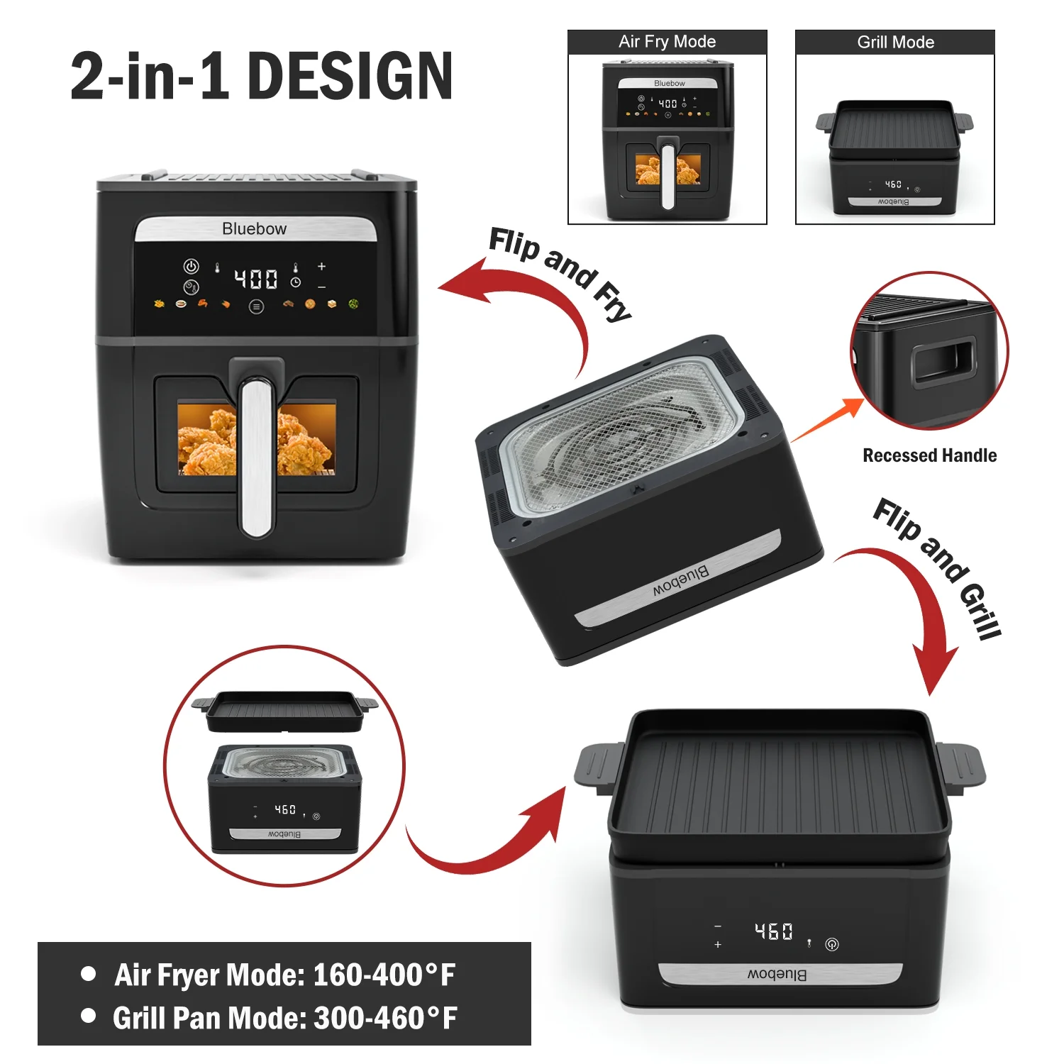 Bluebow 9QT Air Fryer & Grill Pan Combo, Large Capacity, 8 Preset Functions, Non Toxic, Non - Stick, View Window, Black