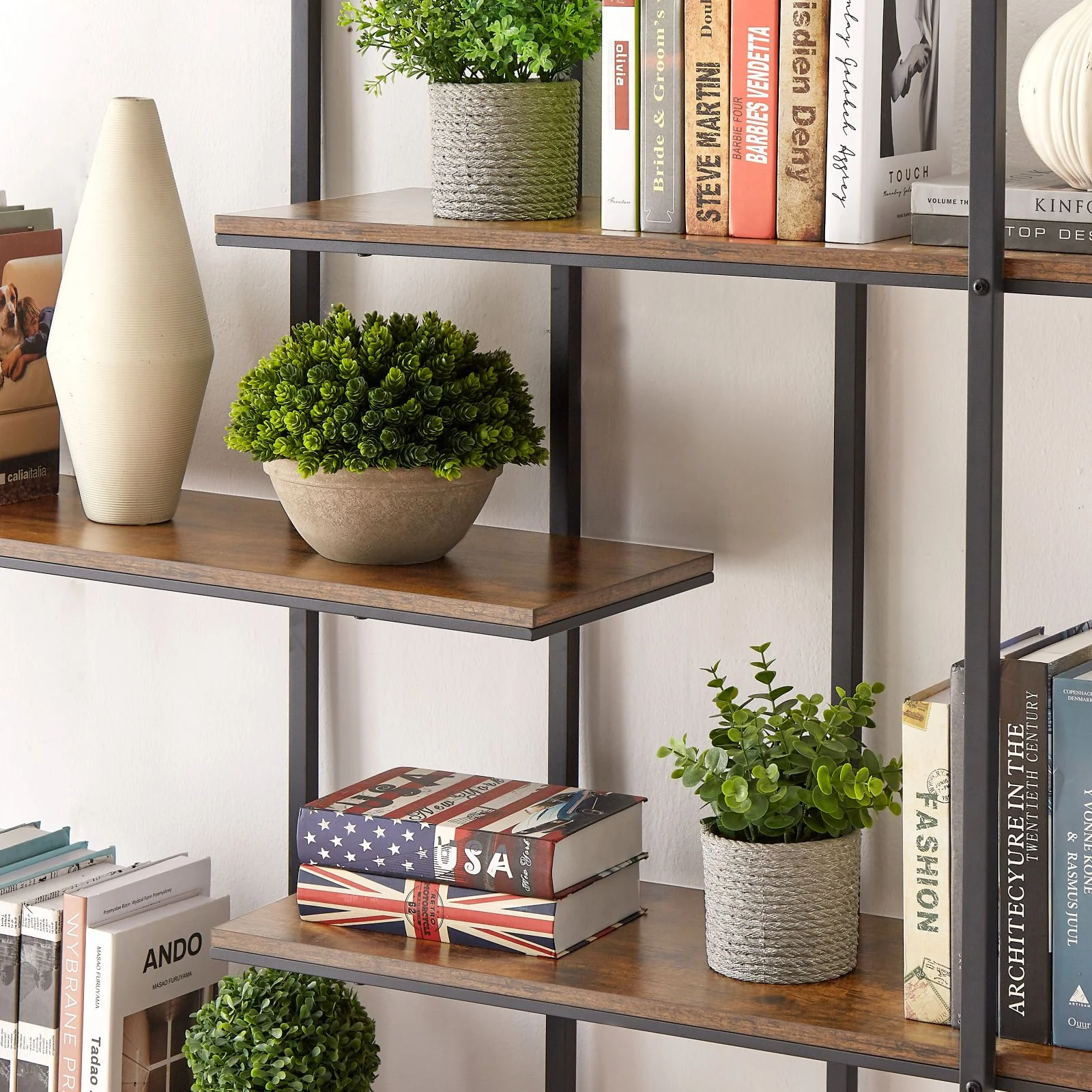 GymChoice Round Bookcase, Industrial Bookshelf Multi-Functional Plant Display Stand with 5 Shelving Units, Circle Retro Display Shelf for Living Room Terrace Garden Balcony, Rustic Brown