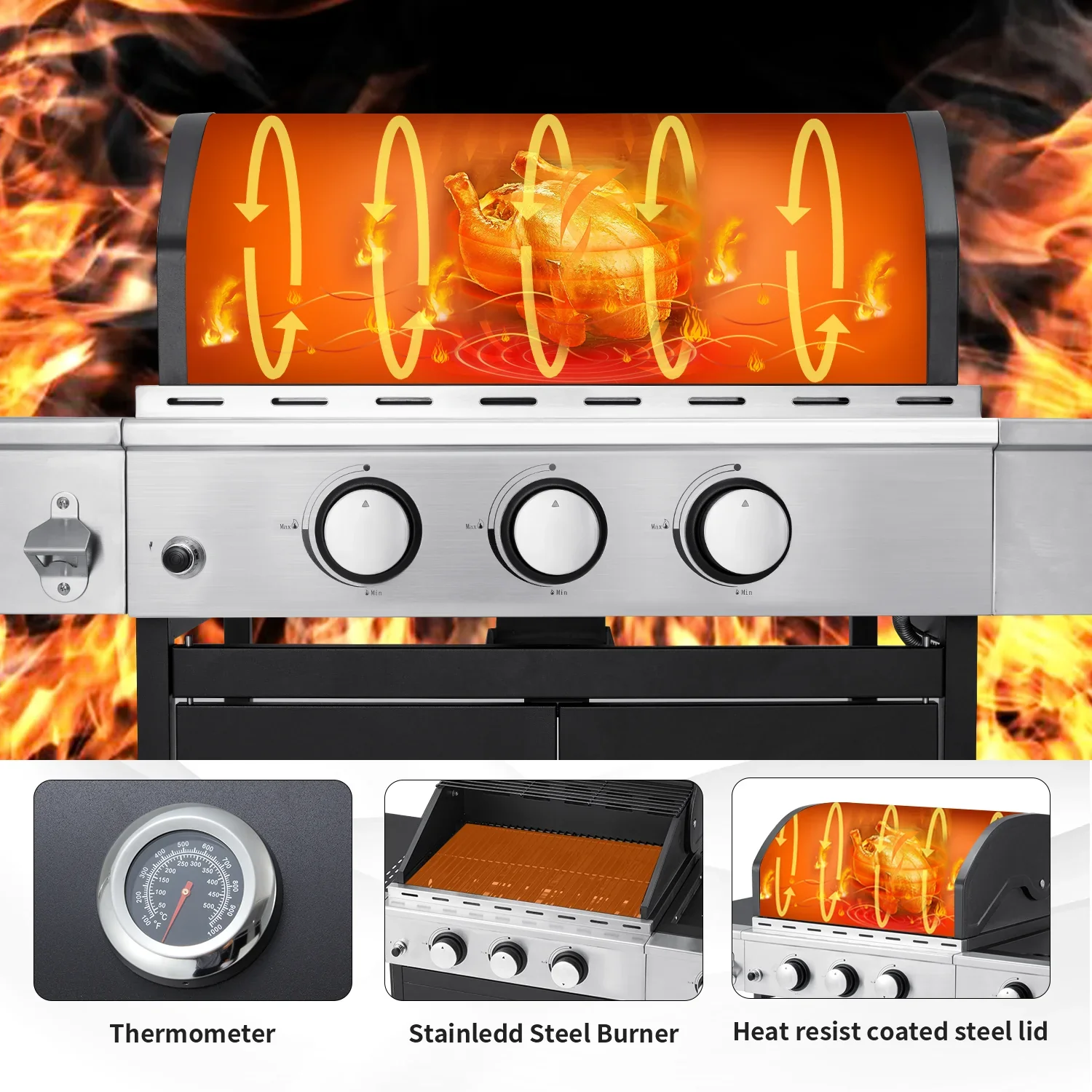 3 Burner BBQ Propane Gas Grill��24,000/36,000 BTU Stainless Steel with Stove and Side Table