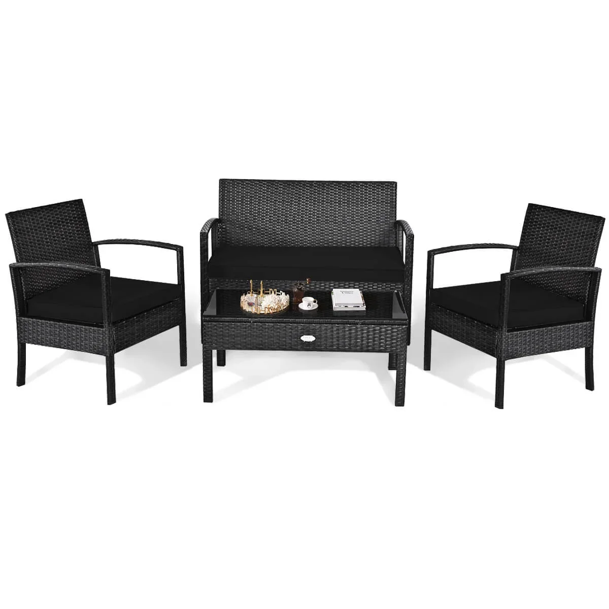 Costway 4PCS Patio Rattan Wicker Furniture Set Loveseat Sofa Cushioned Garden Yard Brown