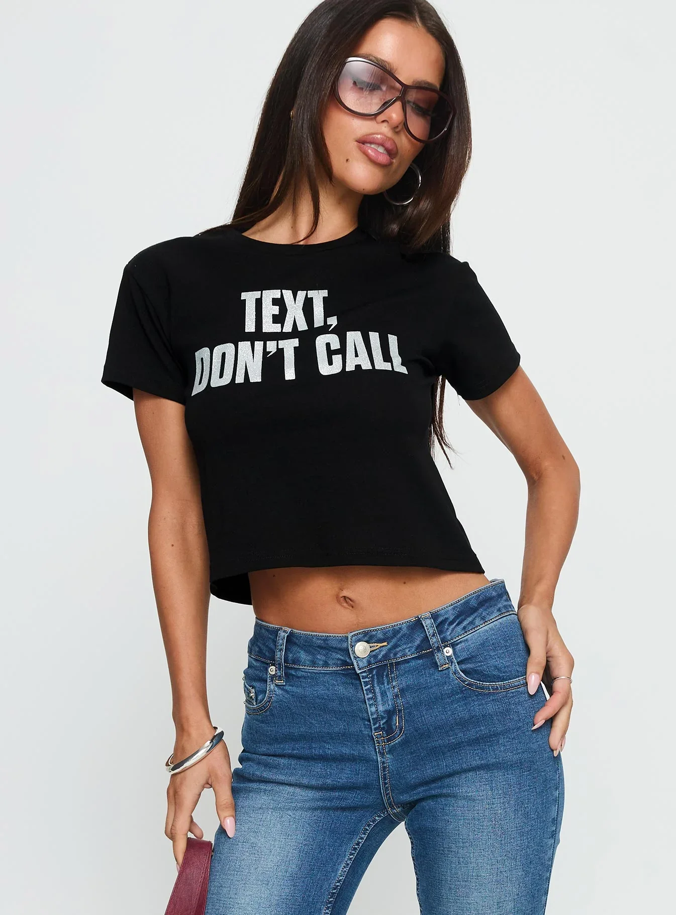 Text Dont Call Shimmer Graphic Top Black