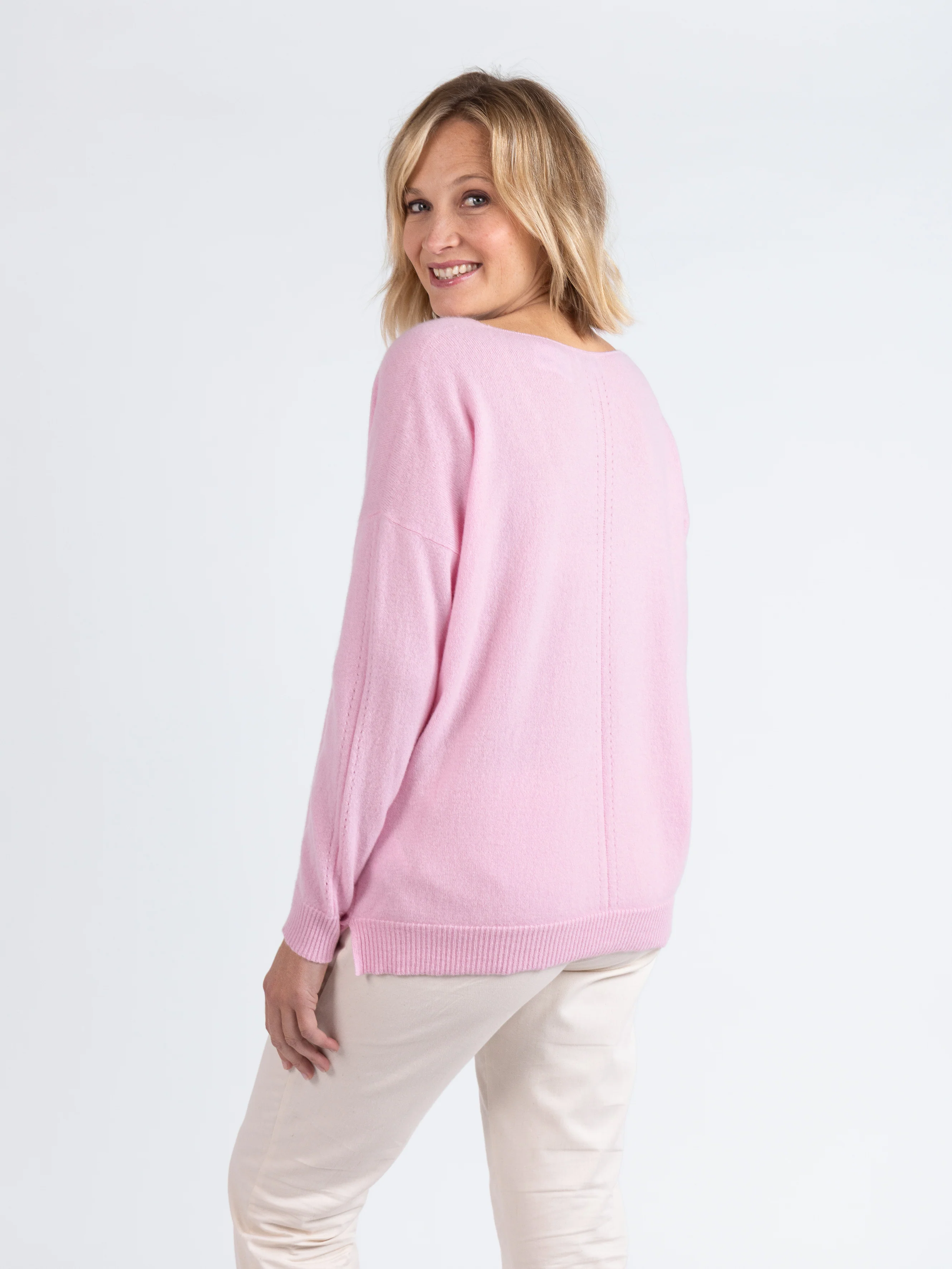 Pull femme col V laine et cachemire rose