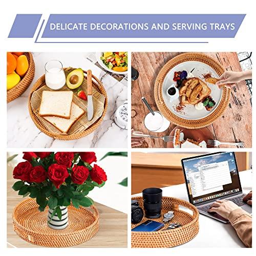 Large Round Rattan Serving Tray Set Of 2, Woven Tray With Handles Serving Basket Wicker Fruit Bread Serving Basket For Coffee Table(13.8in X