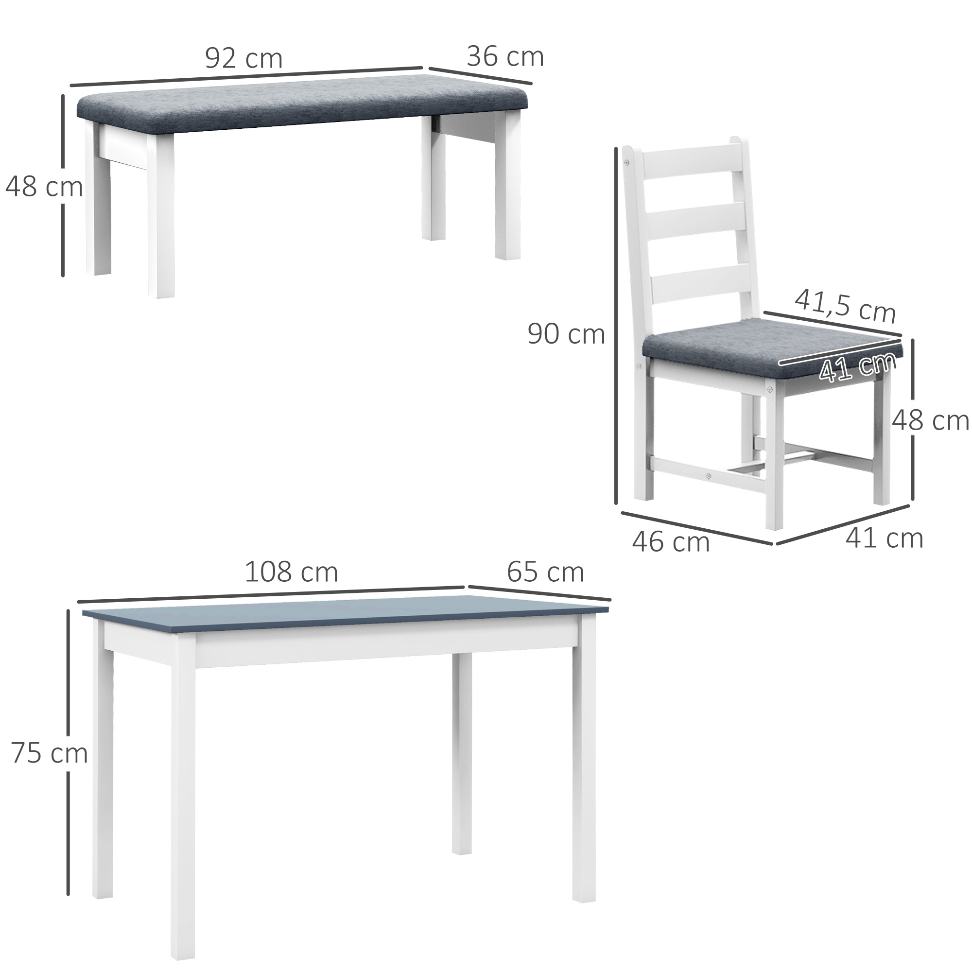HOMCOM 4-delige eetset, 1 tafel, 1 bank, 2 stoelen, grijs+wit