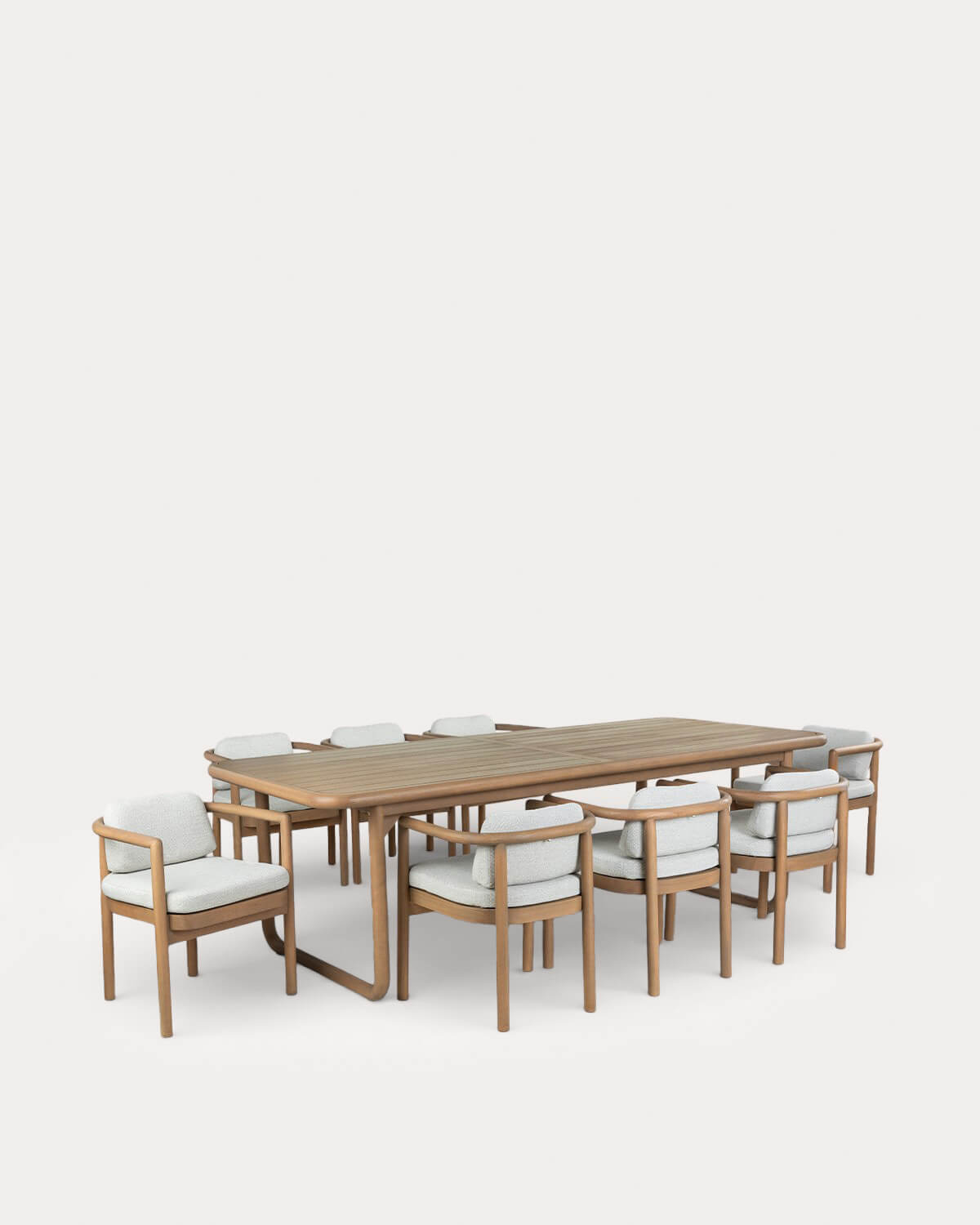 Elnes - Set de Mesa Rectangular (240x100 cm) y 8 Sillas de Madera de Eucalipto y Tela de Exterior Elnes