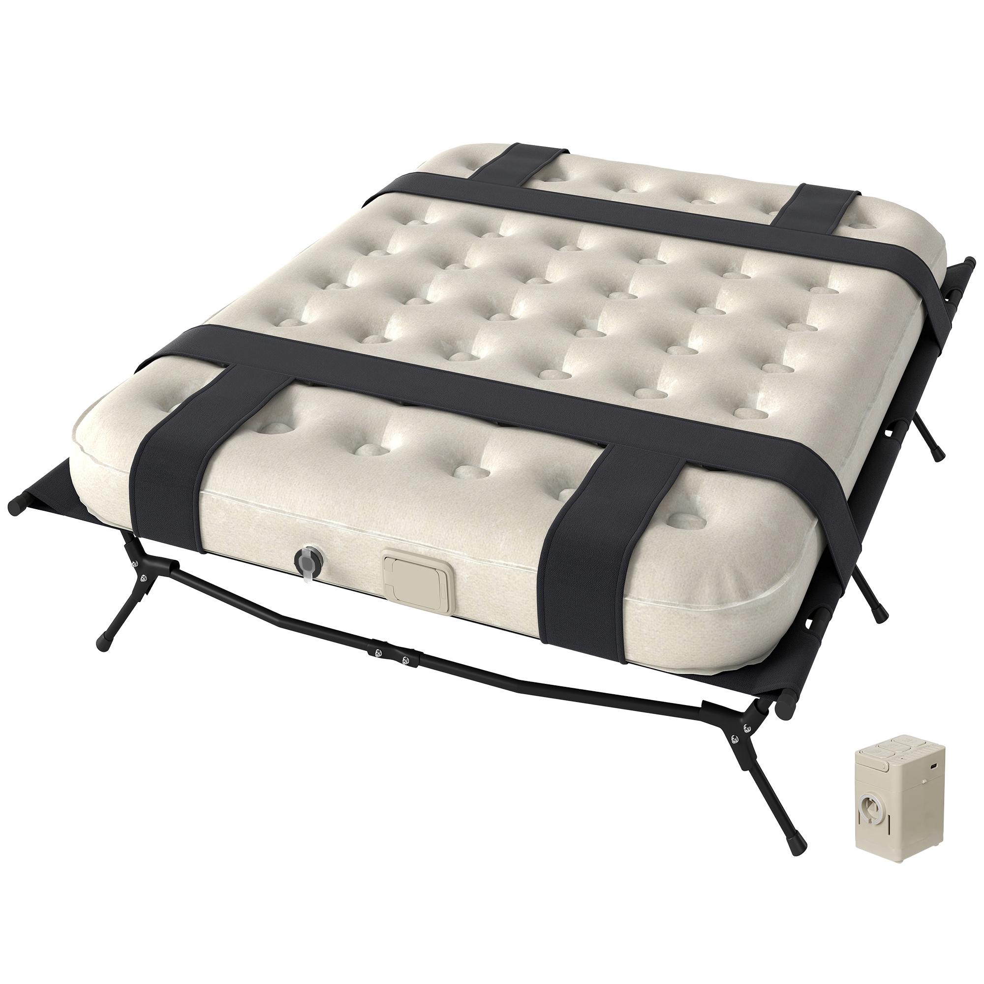 Outsunny Veldbed Kampeerbed met Luchtmatras en Pomp 200 x 153 cm Draagvermogen tot 200 kg Zwart+Khaki