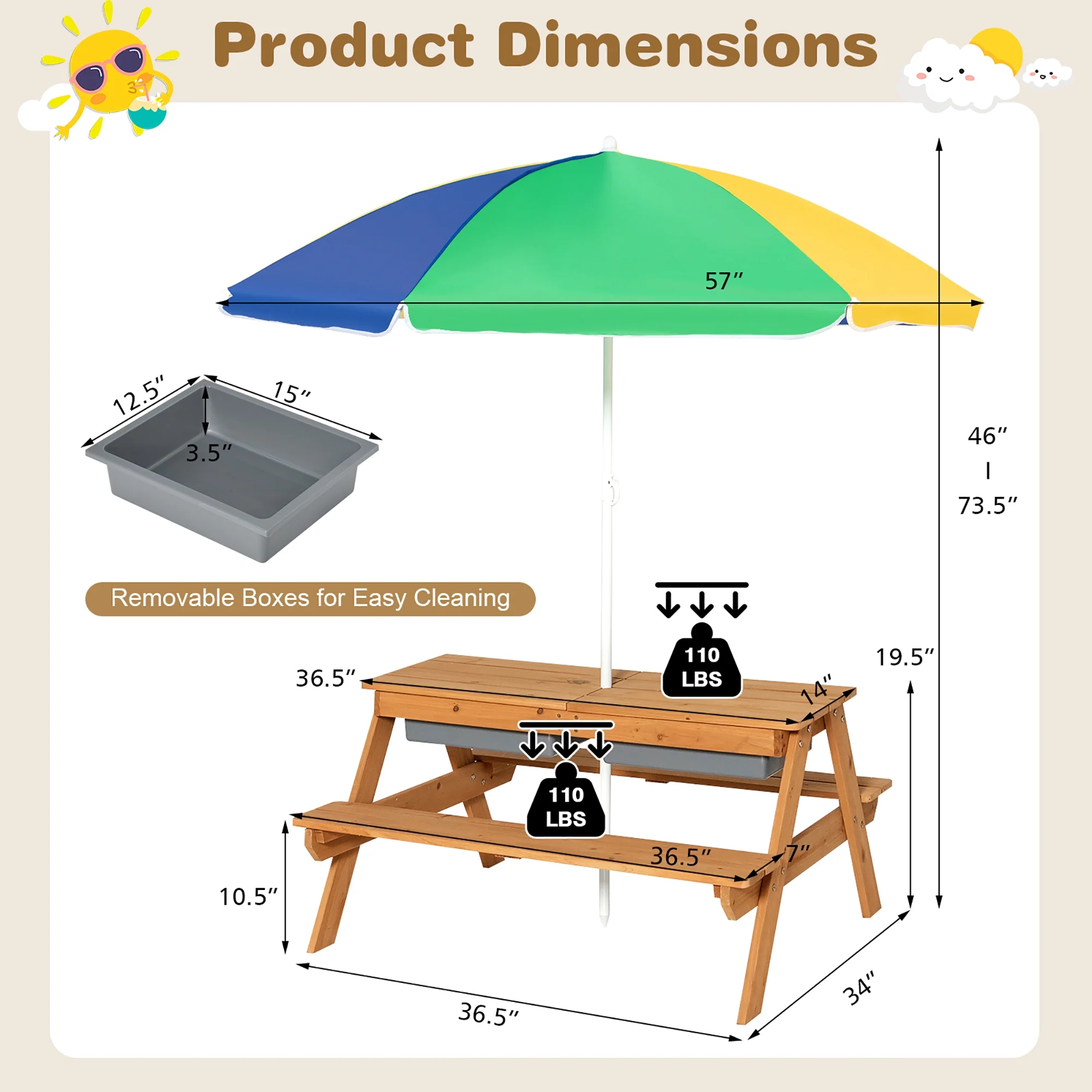3-in-1 Kids Picnic Table Wooden Outdoor Sand Water Table with Umbrella Play Boxes Green(Green) - Image 6