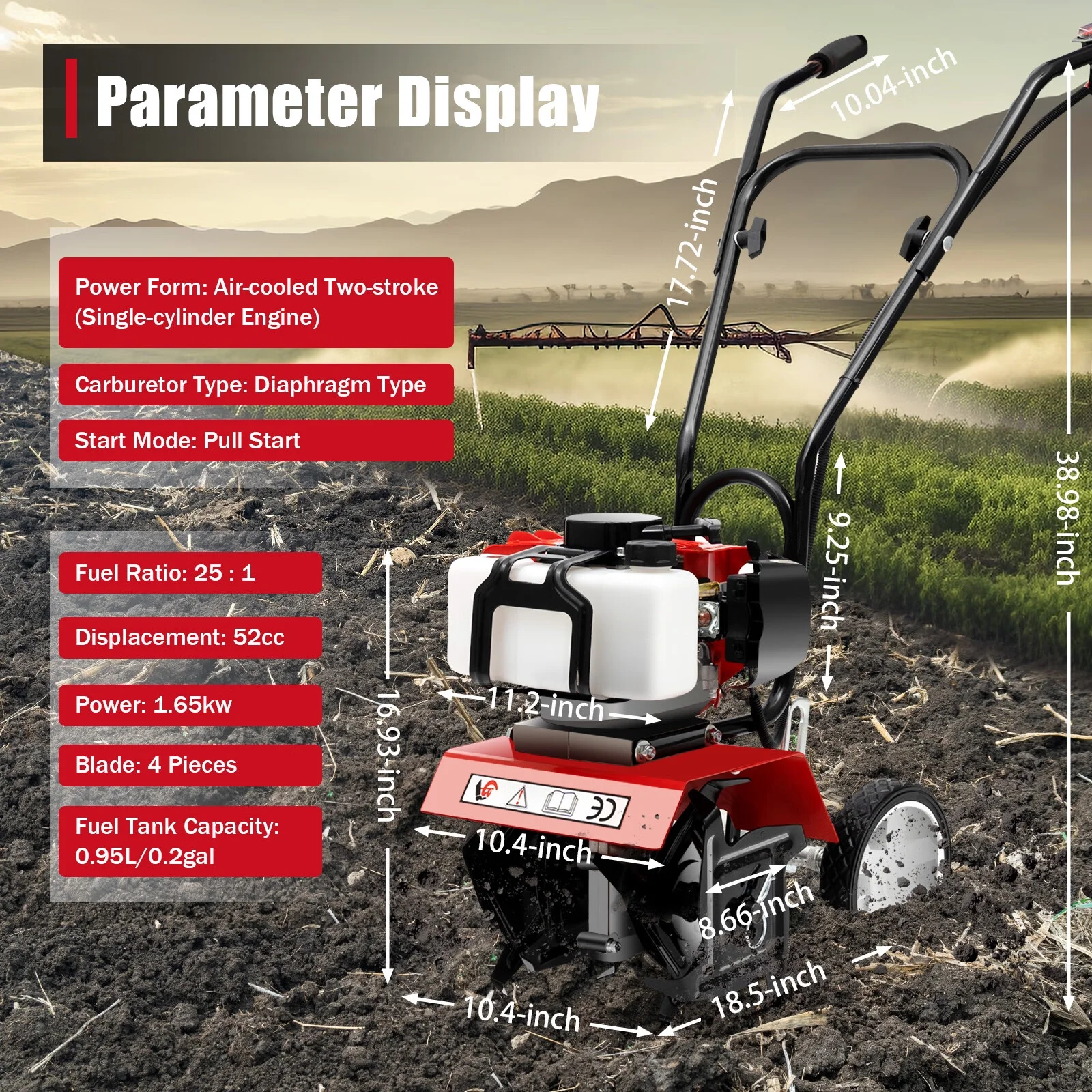 Anqidi Mini Tiller Cultivator, 52CC Air - Cooled 2 Stroke Gas Powered Rototiller Micro Tillage Ripper Garden Yard Farm Tilling Tool