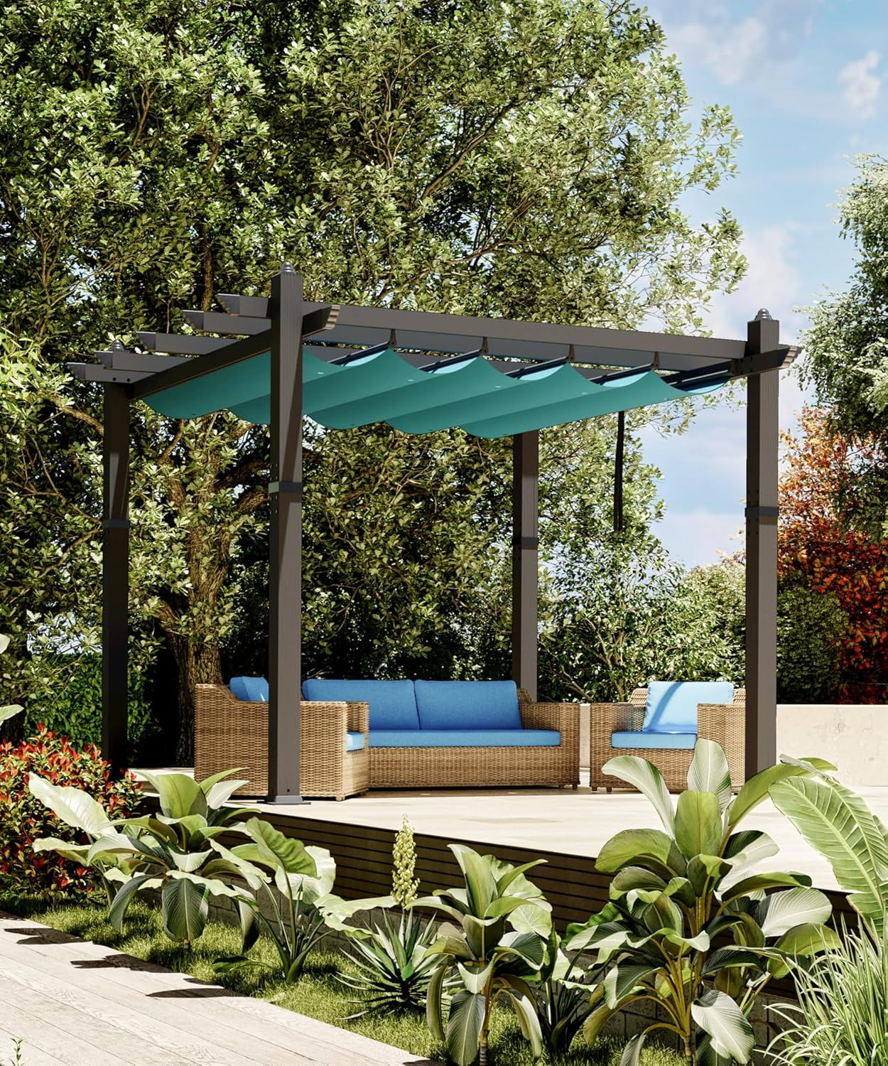Outdoor Aluminum Pergola with Retractable Canopy, Reinforced 4-Sided Base, Waterproof & UV-Resistant Adjustable Roof, Modern Design for Patio, Deck, Backyard, and Garden