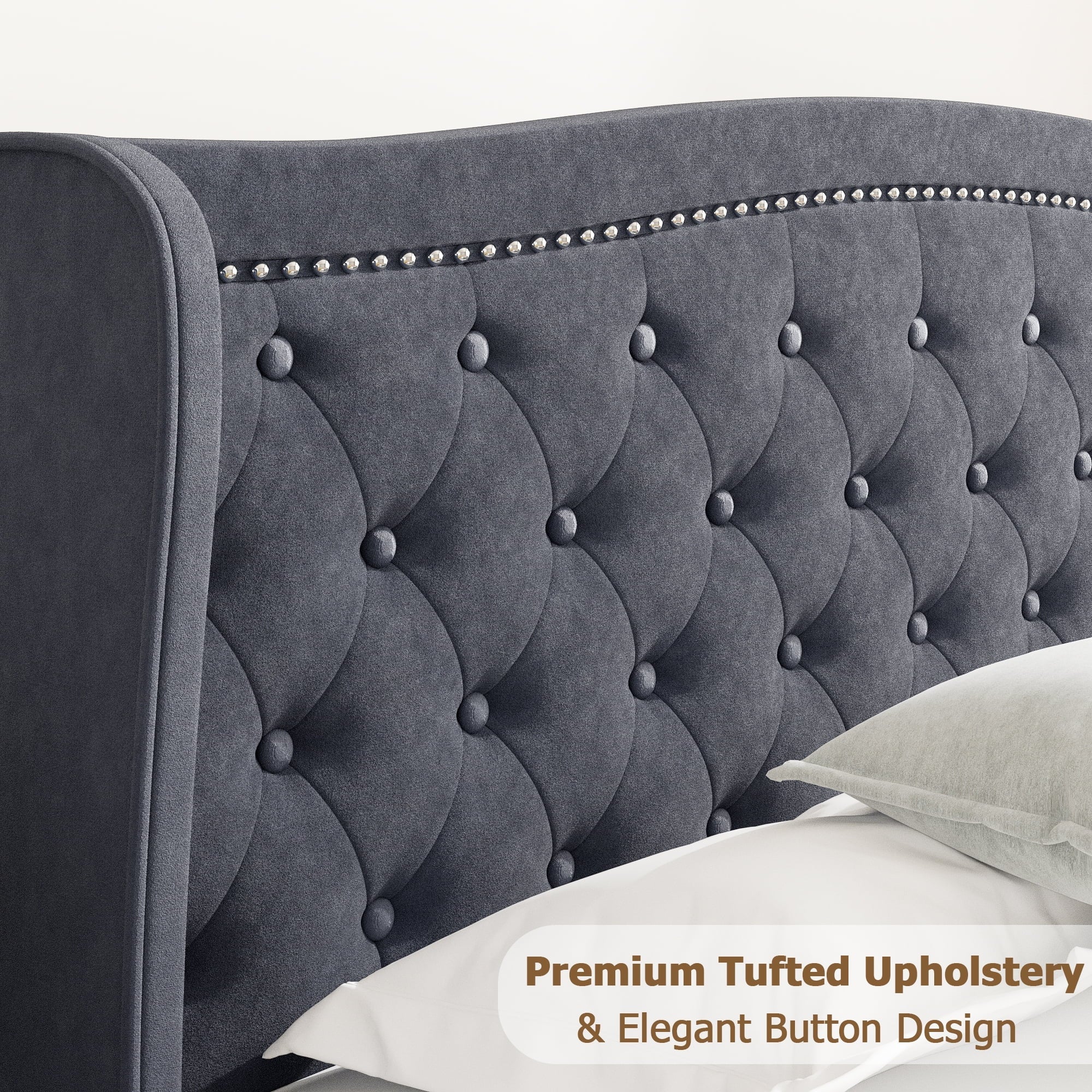 Homfa King Size Bed Frame, 6.3" H Modern Bed Frame with Wing-Back Button Tufted Upholstered Headboard Solid Wood Slats for Bedroom, Dark Gray(Full/Beige)