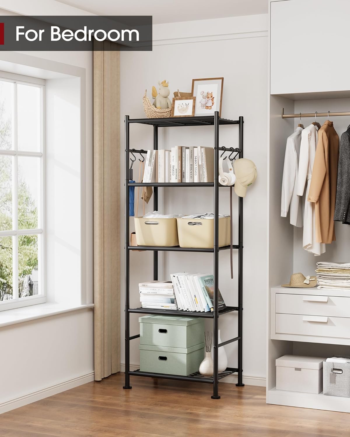 Sakugi 5-Tier Storage Rack Organizer with Hooks, Heavy Duty Metal Garage Rack with Leveling Feet, Freestanding Utility Rack for Bedroom, Balcony and Garage, 18.1
