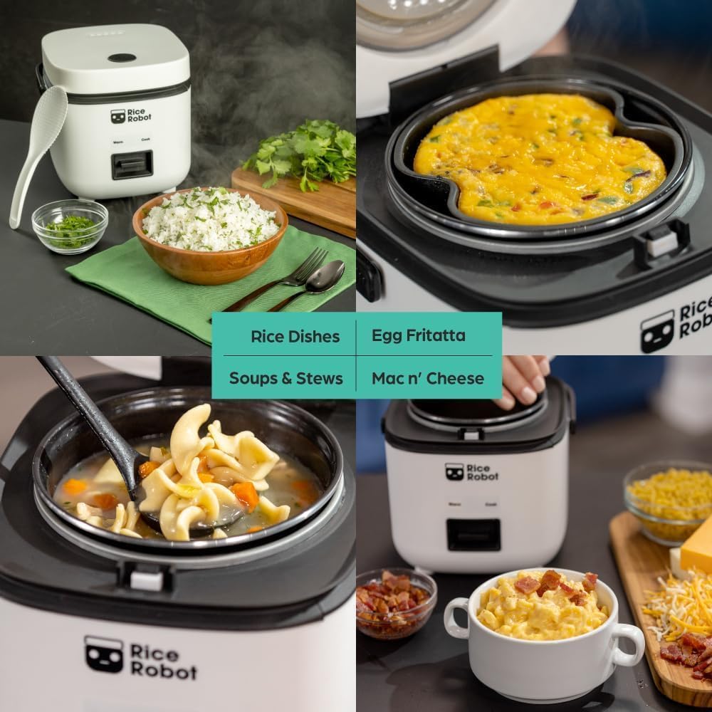 Rice Robot Personal Rice Cooker, PFAS-free, Nonstick1 Quart Capacity, with Stainless Steel Steamer Tray, Measuring Cups, Recipe Book with 60 Recipes, and Serving Spoon, As Seen On TV