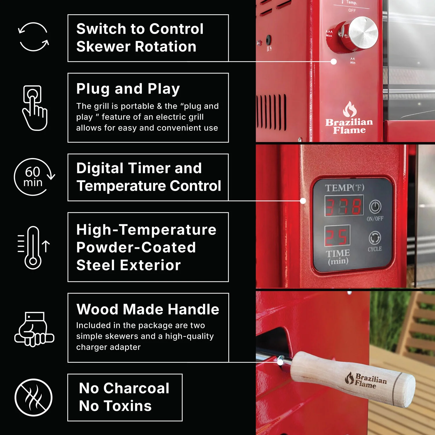 2-Skewer Brazilian Rotisserie Electric Grill in Red(Red) - Image 4