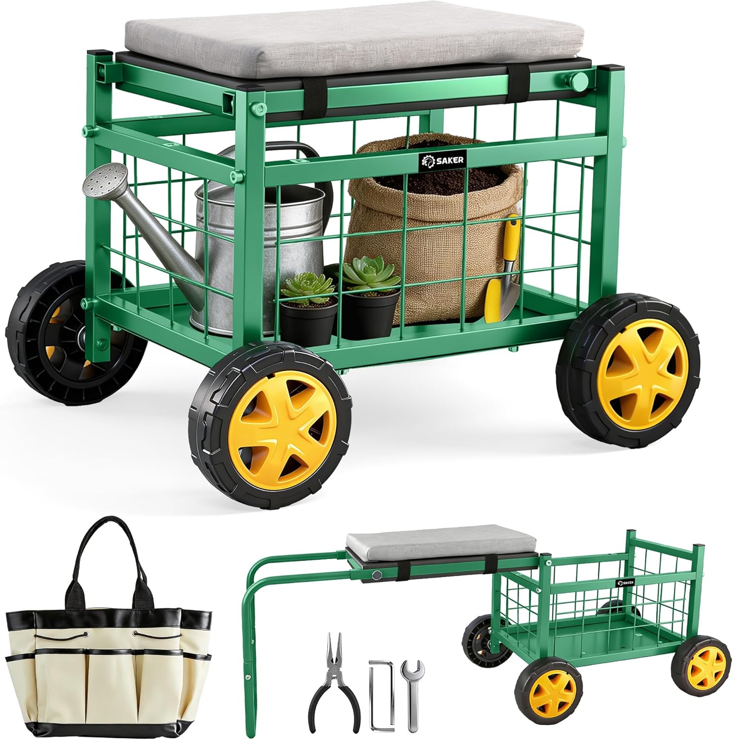 Saker Rolling Garden Cart with Seat & Wheels 15.7