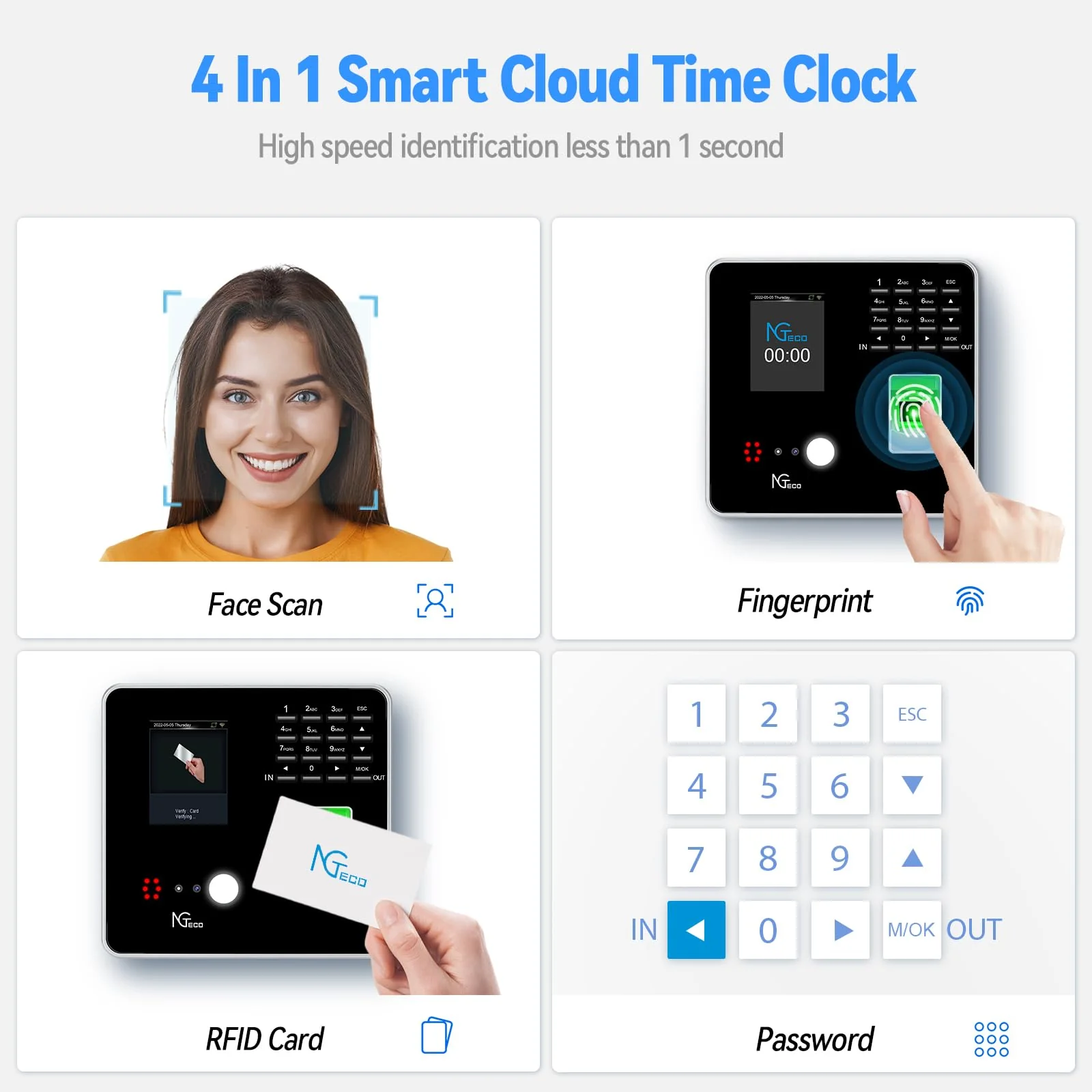 NGTeco Cloud Time Clock. WiFi Time Clocks with Face. Finger Scan