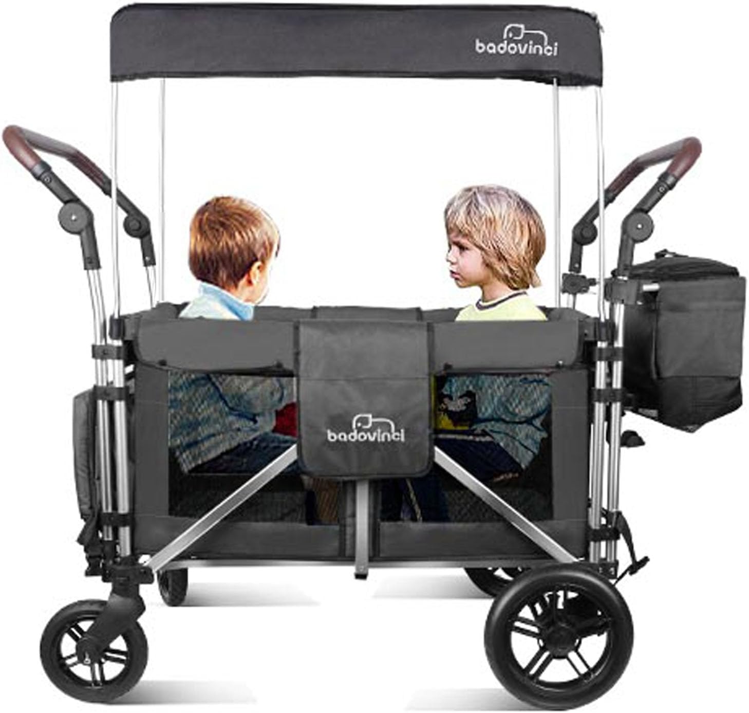 Stroller Wagon for 2 Kids, Wagon Cart Featuring 2 High Seats with 5-Point Harnesses and Adjustable Canopy, Foldable Push-Pull Rod for Garden, Camping, Grocery Cart