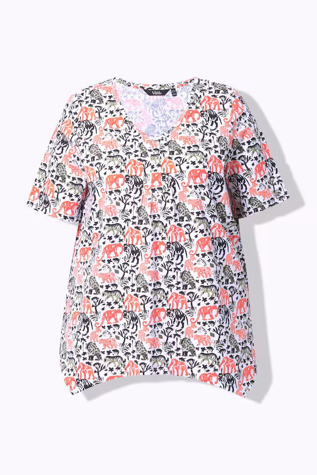 Half-sleeve A-line V-neck pointed hem animal pattern T-shirt