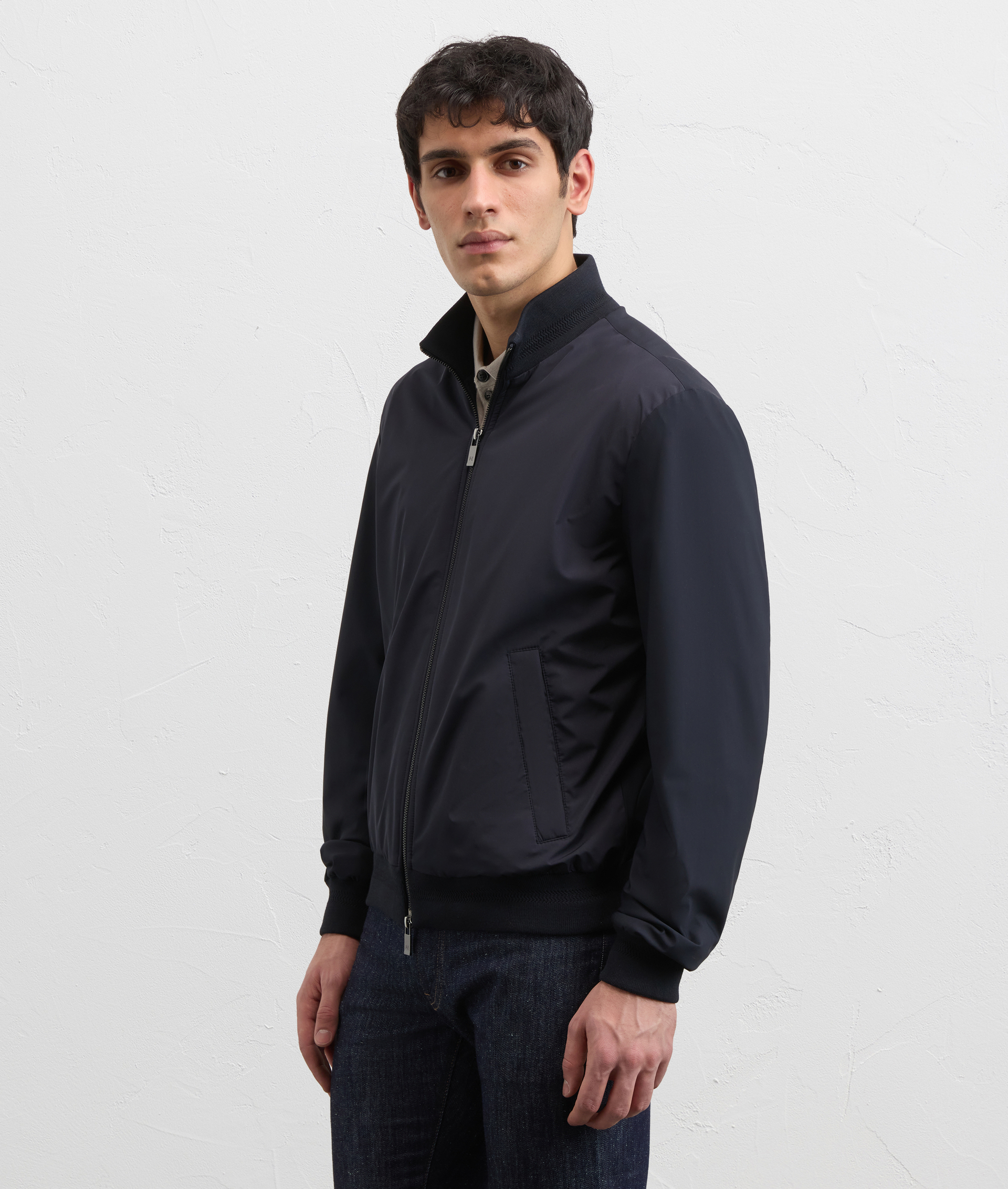 NAVY BLUE WATER REPELLENT LIGHTWEIGHT POLYESTER BOMBER JACKET