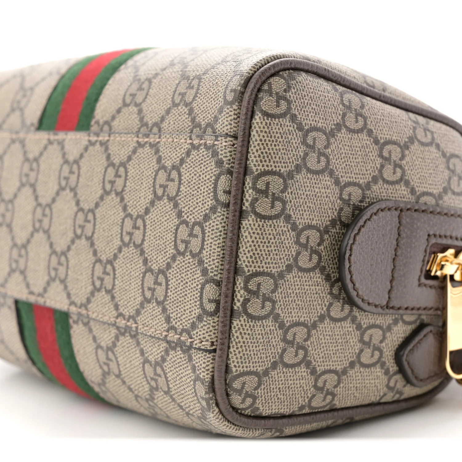GG Supreme Monogram Textured Dollar Calfskin Web Mini Ophidia Top Handle Bag Beige Ebony New Acero