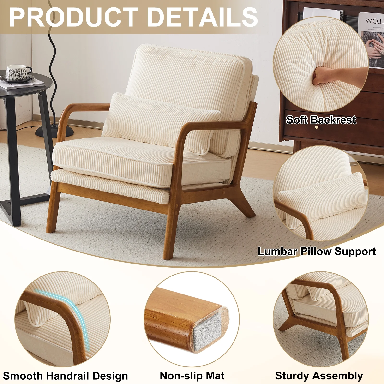 Accent Chair Corduroy Upholstered Armchair, Reading Club Chair with Pillow and Solid Wood Frame for Living Room Bedroom Furniture Off White(Off White-Corduroy) - Image 8