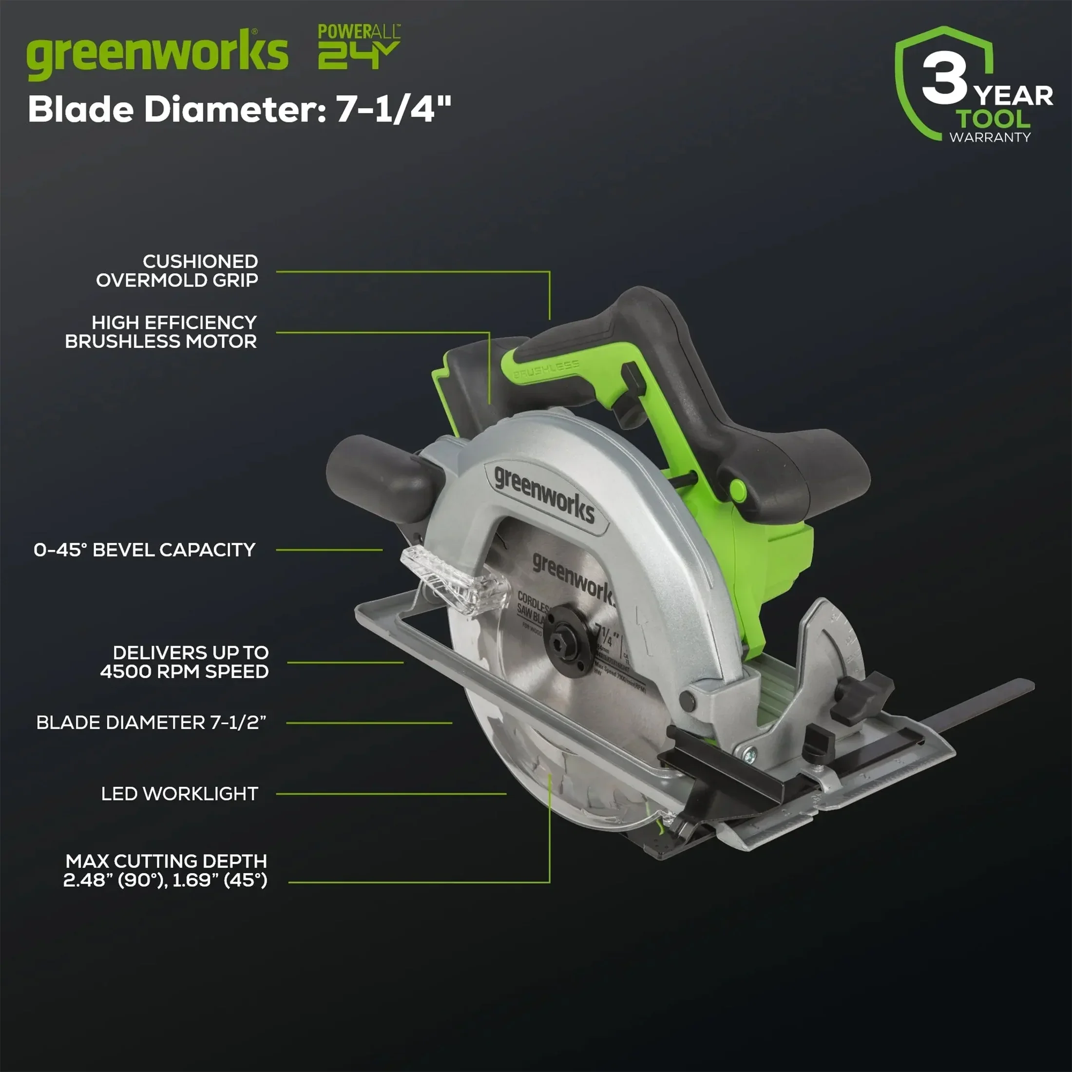 Greenworks 24V 7-1/4-inch Brushless Circular Saw, Battery Not Included, 1501202AZ