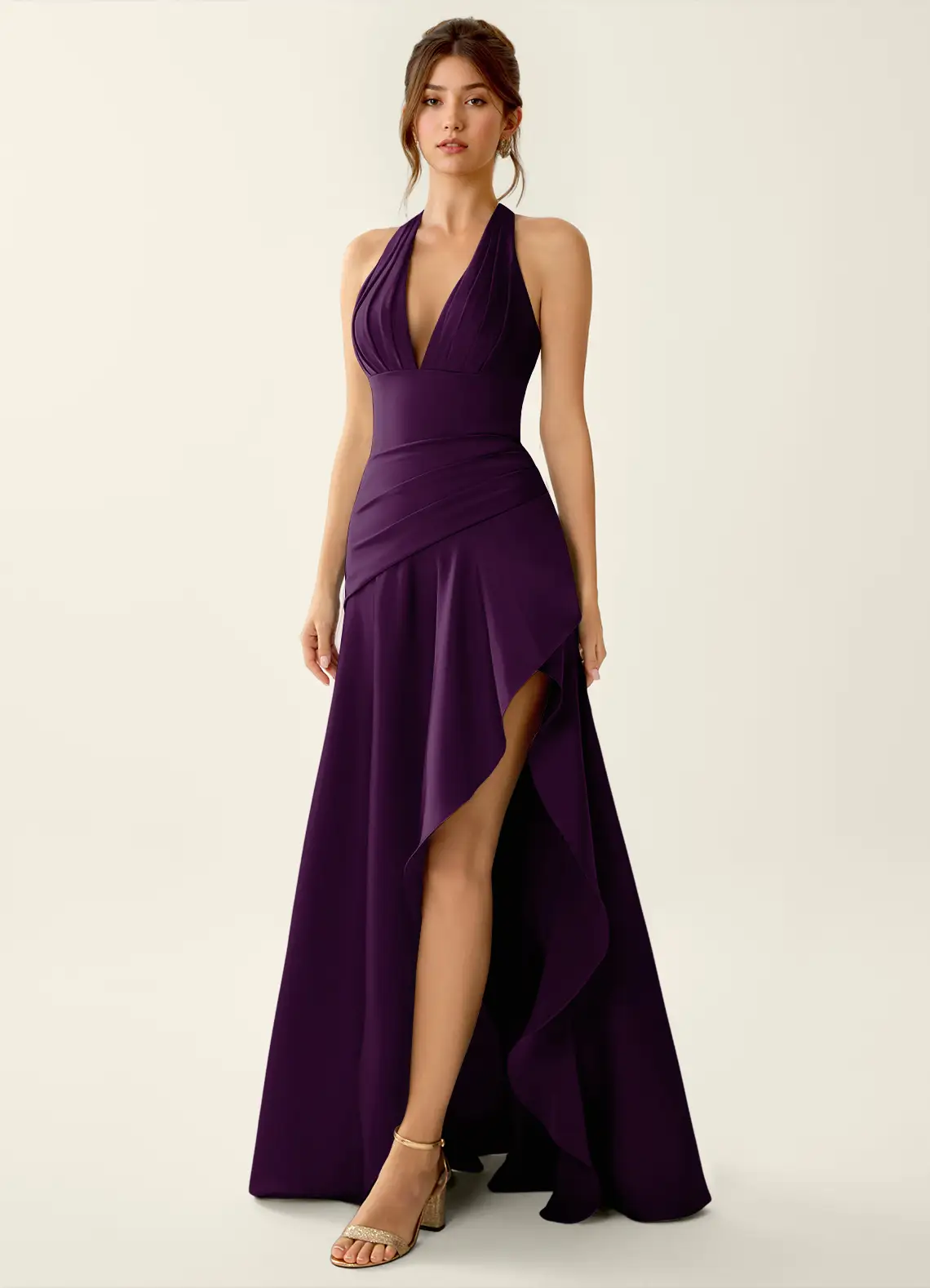 Titania Grape Satin V-neck Ruffled Prom Dress