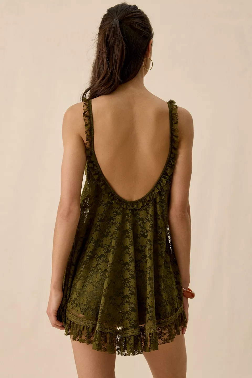 UO Primrose Lace Babydoll Romper - Olive