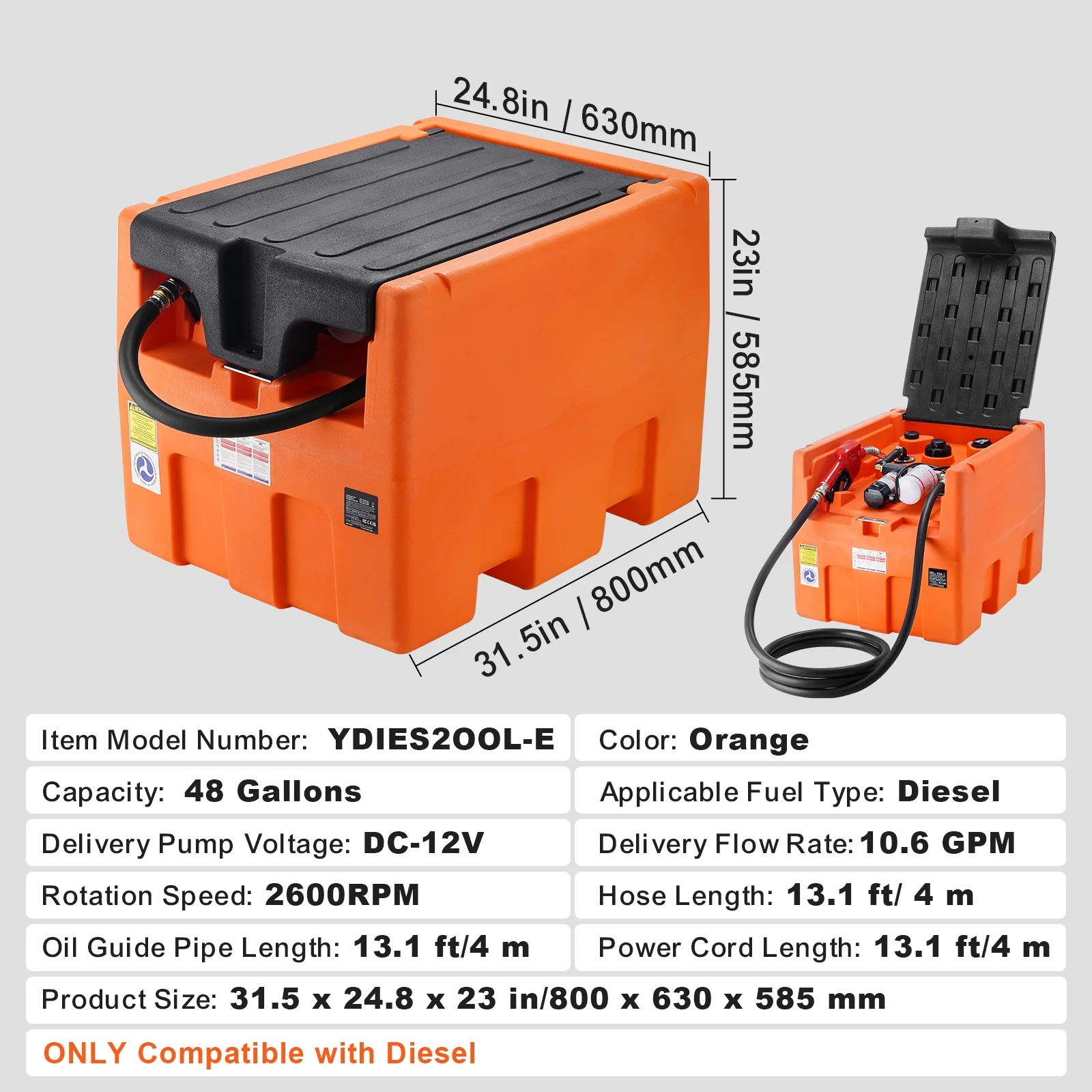 Mobile Diesel Container, 48 Gal Capacity, 10.6GPM Pump Speed, Includes 12V Electric Pump, 13.1 ft Hose Automatic Nozzle, Orange Diesel Fuel Tank for Smooth Transport - Image 4